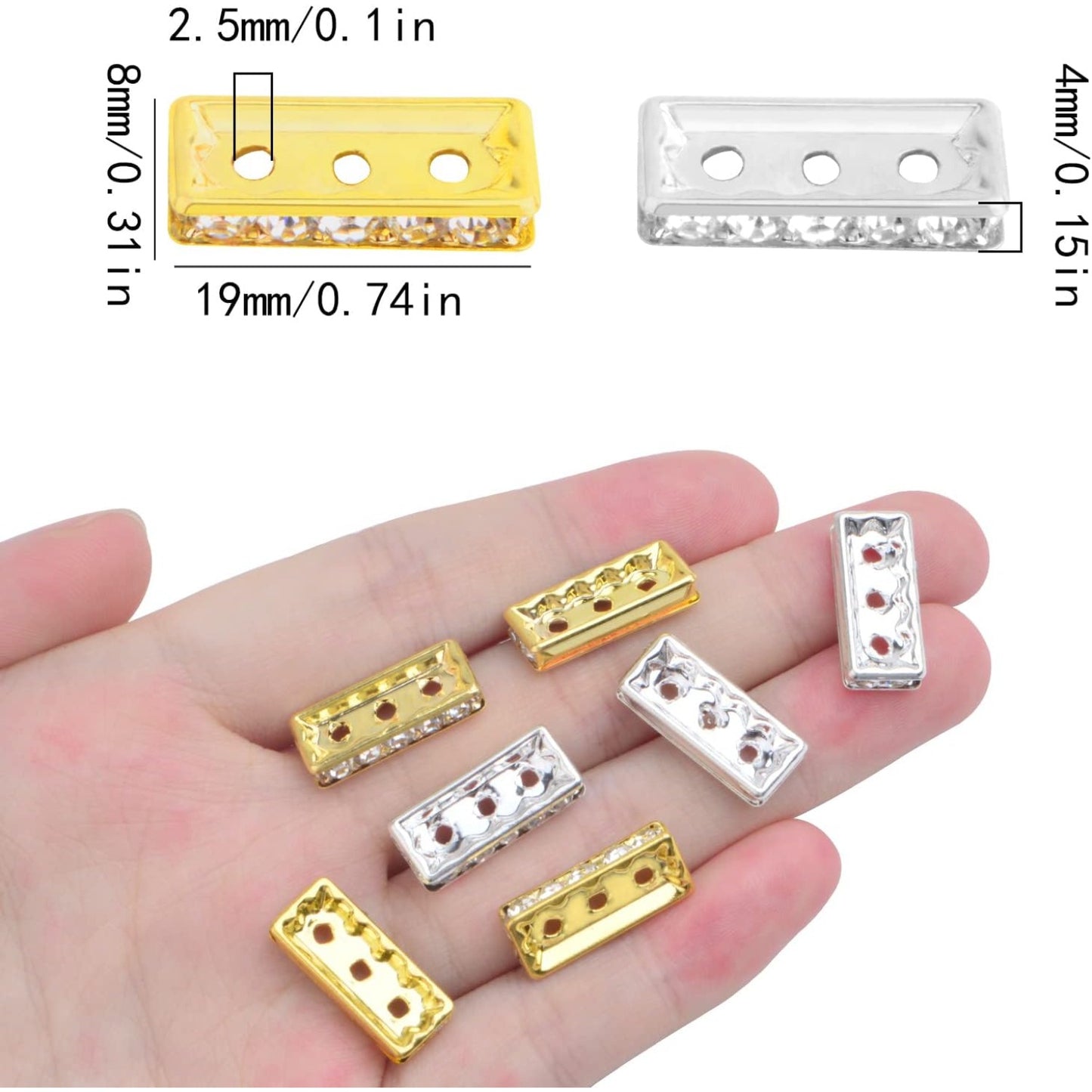 60pcs Brass Rhinestone Spacer Bar Beads Square 3 Holes Crystal Spacer Bar Link Connectors Craft Accessories for DIY Multi Strands Bracelet Jewelry Making, 2 Colors
