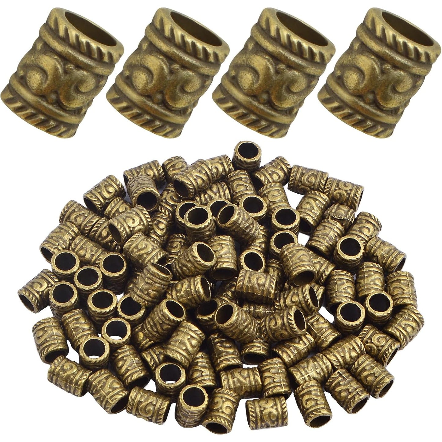 100pcs Tibetan Antique Bronze Large Hole Spacer Beads Vintage Alloy Column Tube Loose Bead Filigree Barrel Charm Beads Accessories for European Bracelet Jewelry Craft Projects, Hole: 5 mm