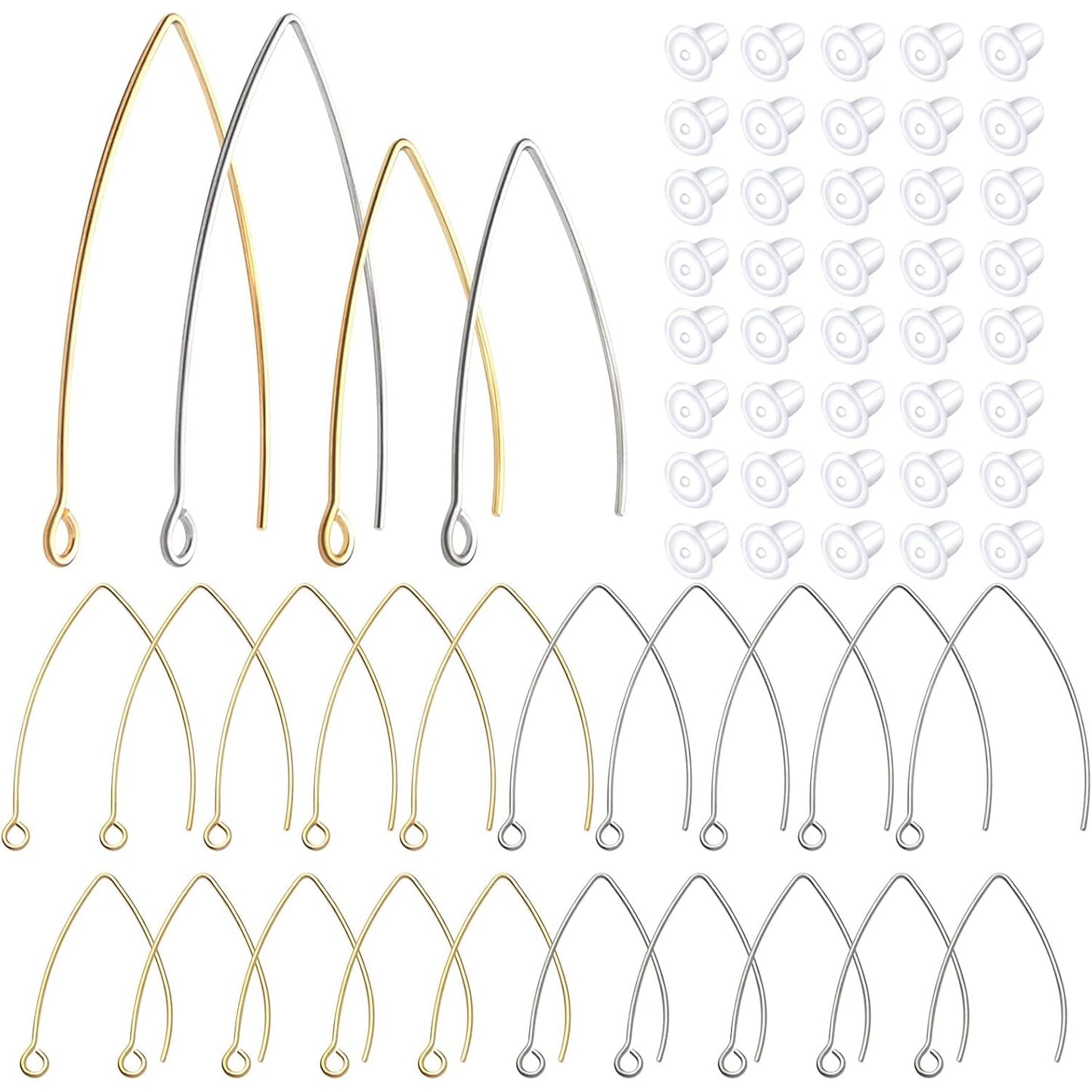 40pcs Stainless Steel V-shape Earring Hooks & 40pcs Clear Silicone Bullet Earring Backs, DIY Jewelry Making Kit, 2 Colors (Golden, Steel), 2 Sizes