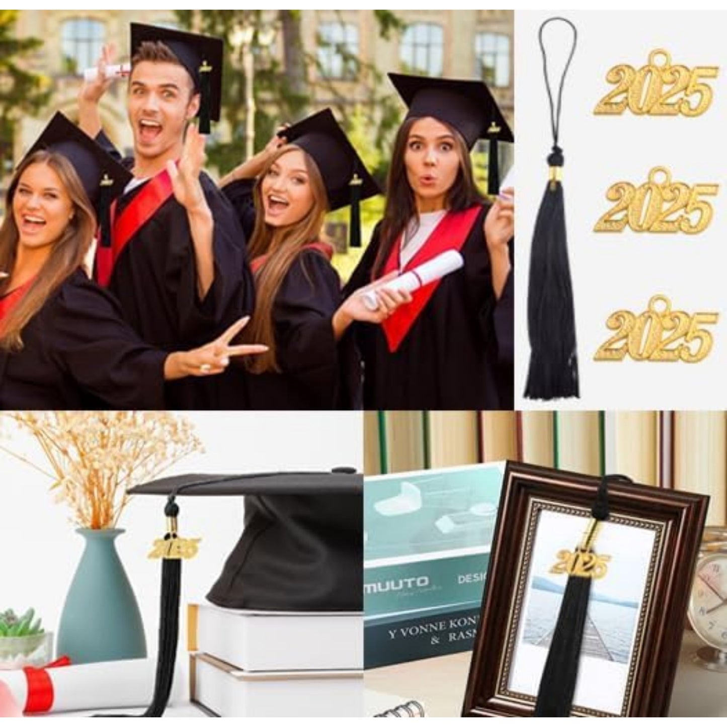 10pcs Black Graduation Tassels Academic Grad Cap Tassel Decoration with 10pcs Golden 2025 Year Charms for 2025 Graduates Graduation Ceremonies Parties Activities Souvenir