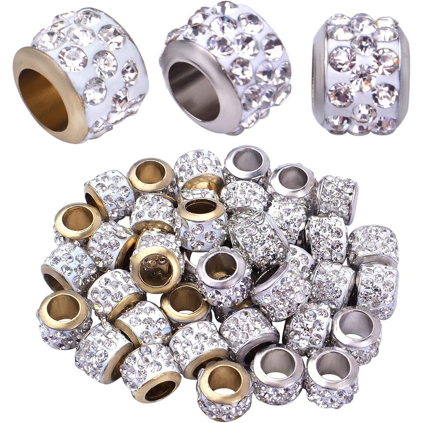 40pcs Crystal Rhinestone European Beads, Large Hole Rondelle Spacer Beads Loose Beads for DIY Charm Bracelet Snake Chain Crafts Jewelry Making Accessories, Hole: 5 mm