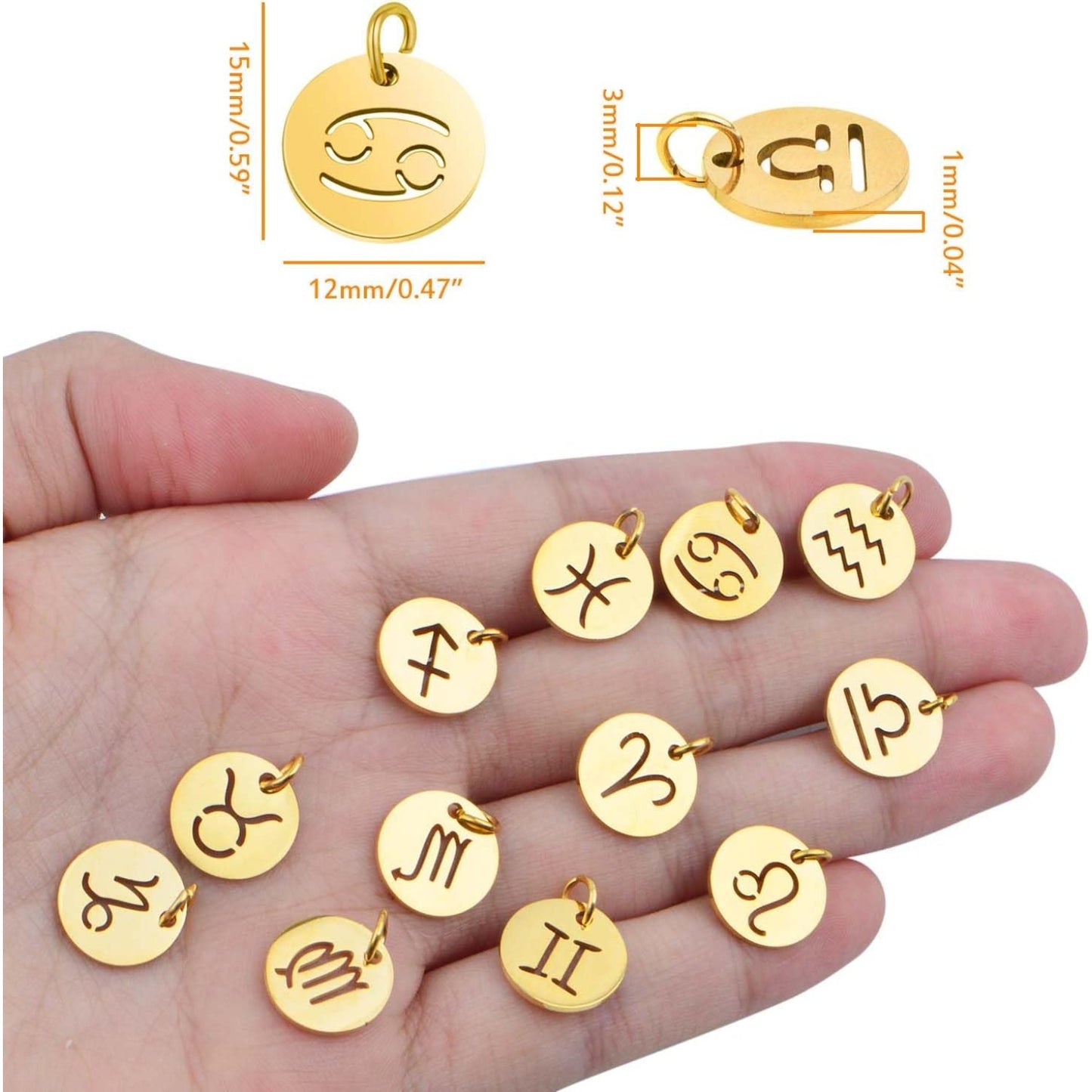 12pcs Golden Plated Flat Round Twelve Constellations Charms Stainless Steel Zodiac Sign Pendants with Jump Rings for DIY Necklace Bracelet Jewelry Making Supplies