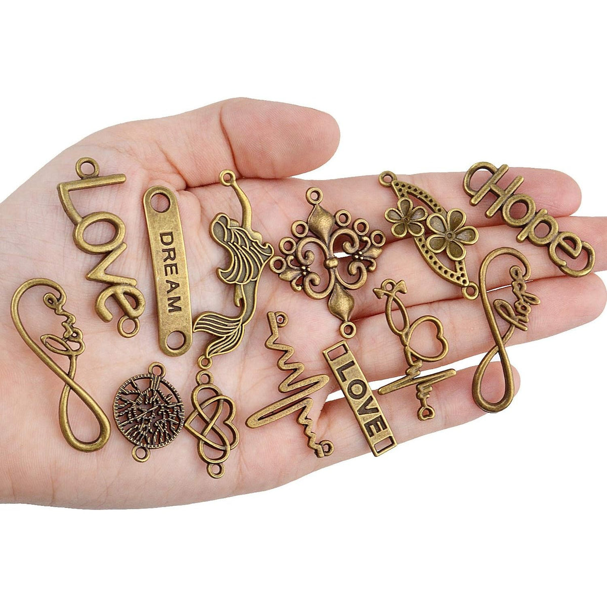 Words Connector Charms, 50 Pieces Mixed Word Letter Connector Pendant Infinity Symbol Link Charms for DIY Necklace Bracelet Jewelry Making - Antique Bronze