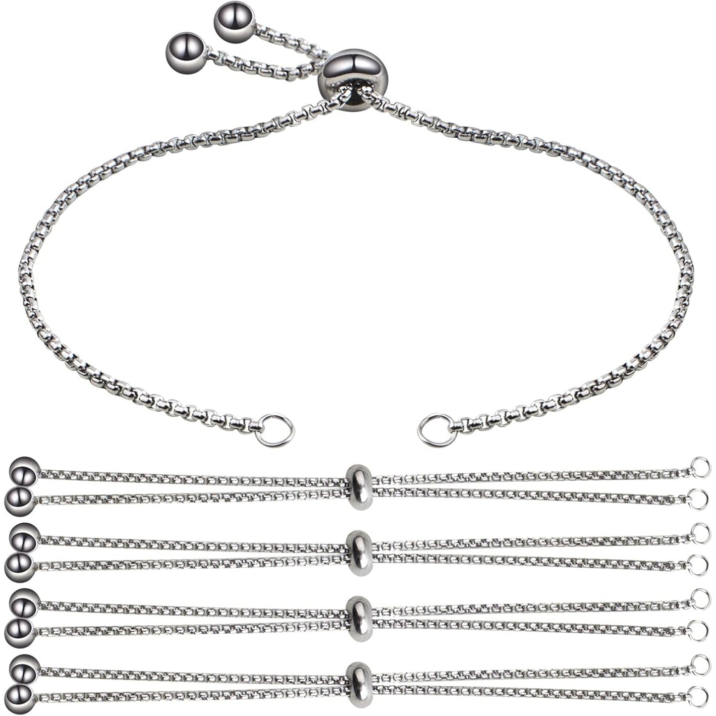 5 Pieces 116 mm Stainless Steel Adjustable Slider Bracelets Hypoallergenic Slider Bracelet Extender Chains with Ball Ends for Women Girls Semi Finished DIY Jewelry Making