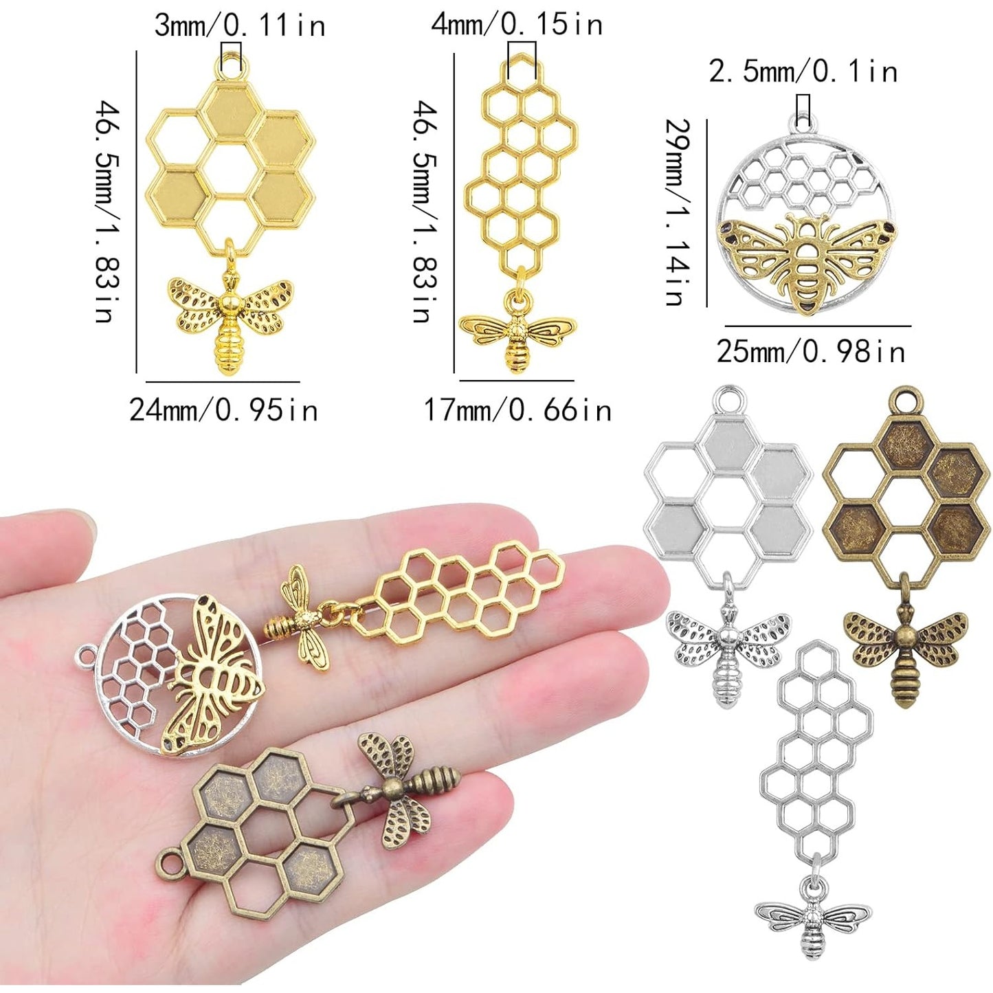 12pcs 3D 3 Styles Honey Comb Bee Charms Alloy Honeybee Honeycomb Pendants Hollow Flying Animal Insect Dangle Charms Ornaments for DIY Bracelet Necklace Keychains Craft Supplies