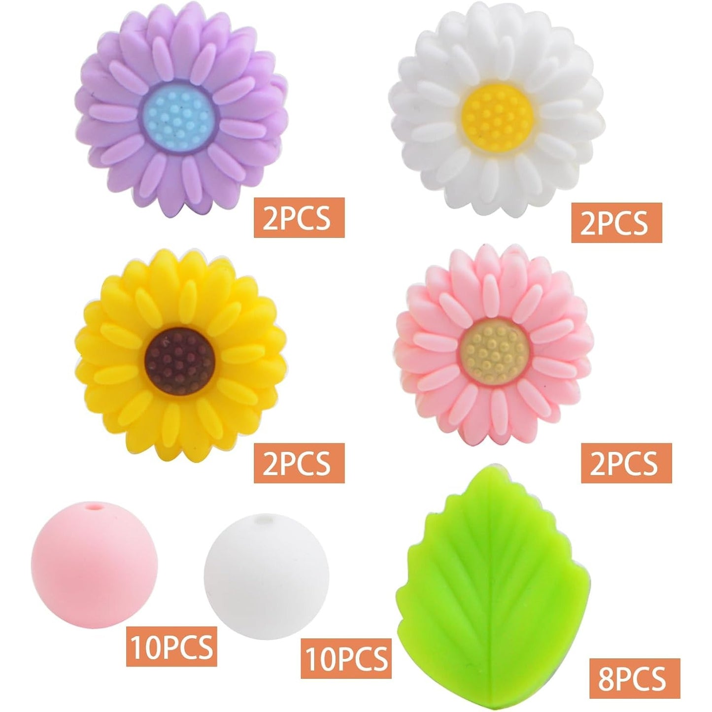 36Pcs Daisy Silicone Beads Leaf Flower Focal Loose Round Spacer Beads Bulk for Summer Necklaces Bracelets Keychain DIY Jewelry Making Crafts
