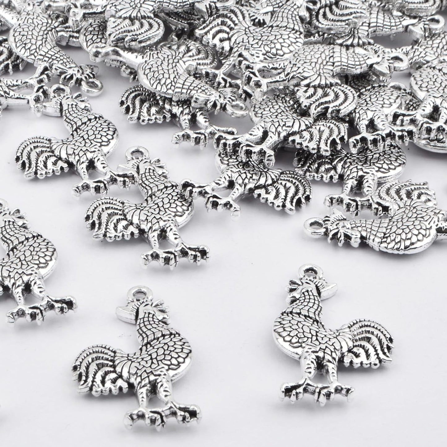 50pcs Antique Silver Rooster Cock Chicken Charms Vintage Alloy Chicken Farm Animal Rooster Shape Dangle Pendants for DIY Bracelets Necklaces Jewelry Making Findings