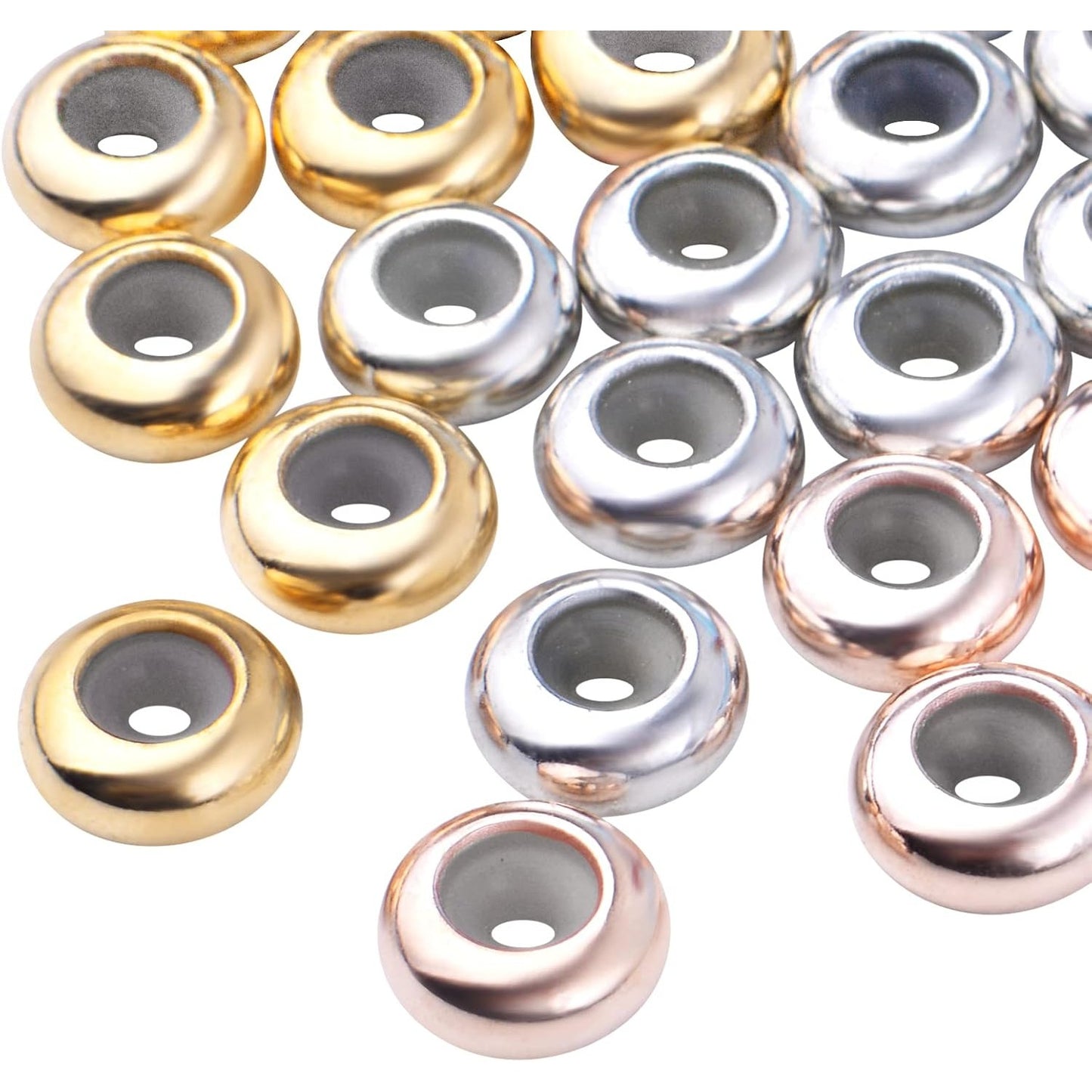 30pcs 8mm Insert Rubber Stopper Beads Brass Adjustable Slider Clasps Round Beads Positioning Spacer Beads Jewelry Making Accessories for DIY Bracelet Necklace Crafts, 3 Colors