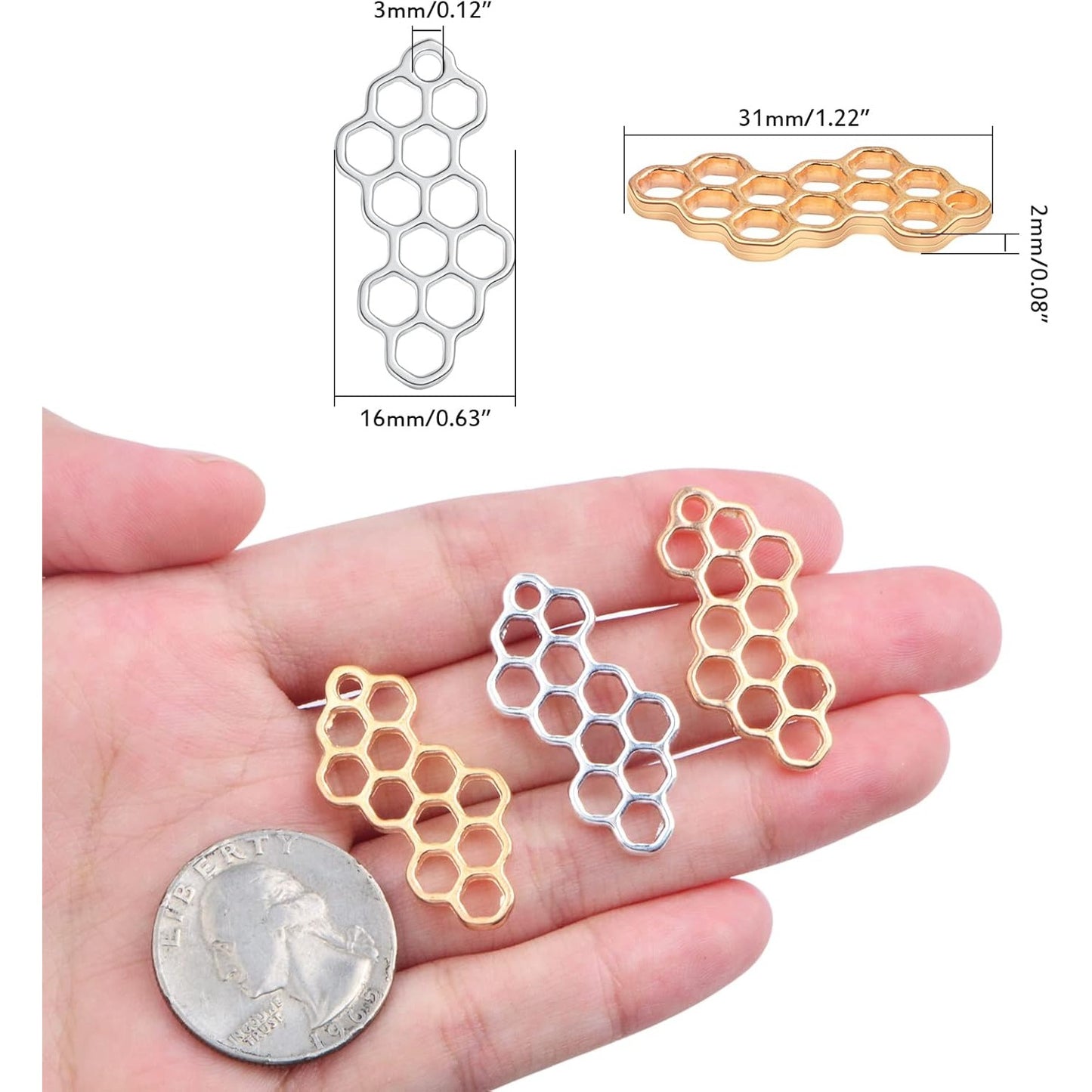 50pcs Hollowed Honeycomb Shape Pendant Charms Alloy Bee Honeycomb Open Back Bezel Pendants for DIY Necklace Bracelet Resin Crafts Jewelry Making, 2 Colors