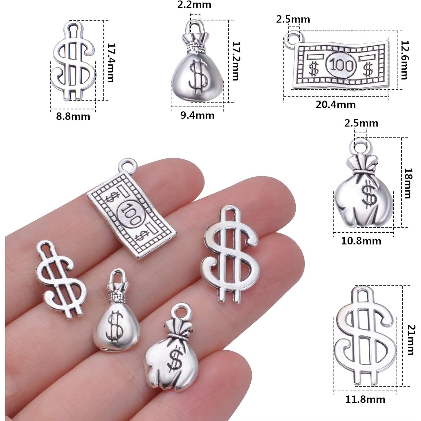 50pcs Antique Silver Dollar Sign Charms Tibetan Alloy Money Bag Pendants 100 Dollars Bill Charms for DIY Bracelets Necklace Jewelry Making Handmade Decoration, 5 Styles