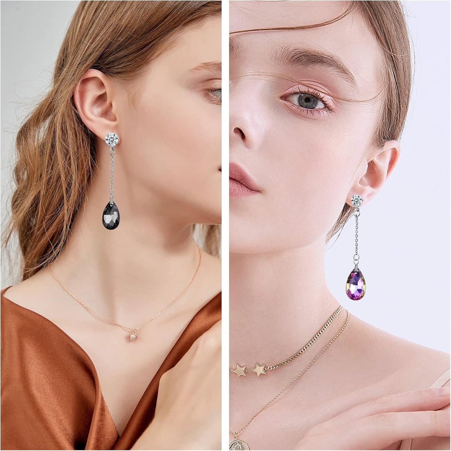 8pcs Stainless Steel Rhinestone Earring Studs Silver Plated Cubic Zirconia Earring Posts with Pinch Clasps Chains and 20pcs Clear Earring Backs for DIY Jewelry Making Supplies