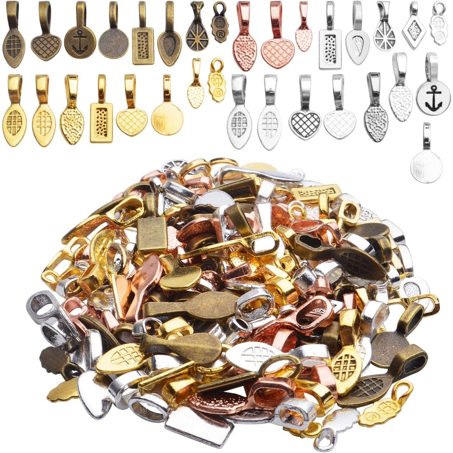 Glue on Bails, 100 Gram Mixed Tibetan Style Glue on Bails Pendants Alloy Flat Pad Bails Tag Charms Connector Hanger for Earring Necklace Jewelry Findings Crafting
