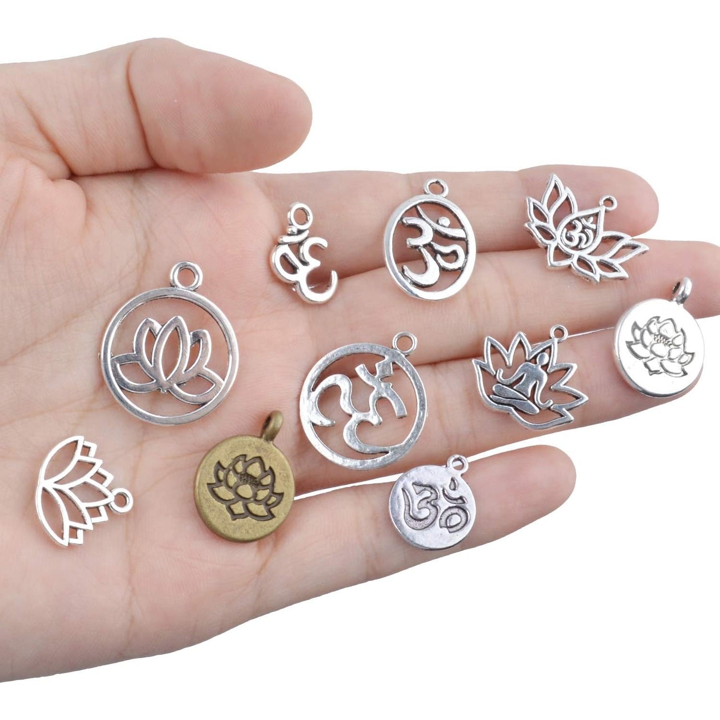 50pcs Antique Yoga OM Lotus Flower Styles Charms Mixed Pendants Findings for Jewellery Making Necklace Bracelet Crafts,10 Styles