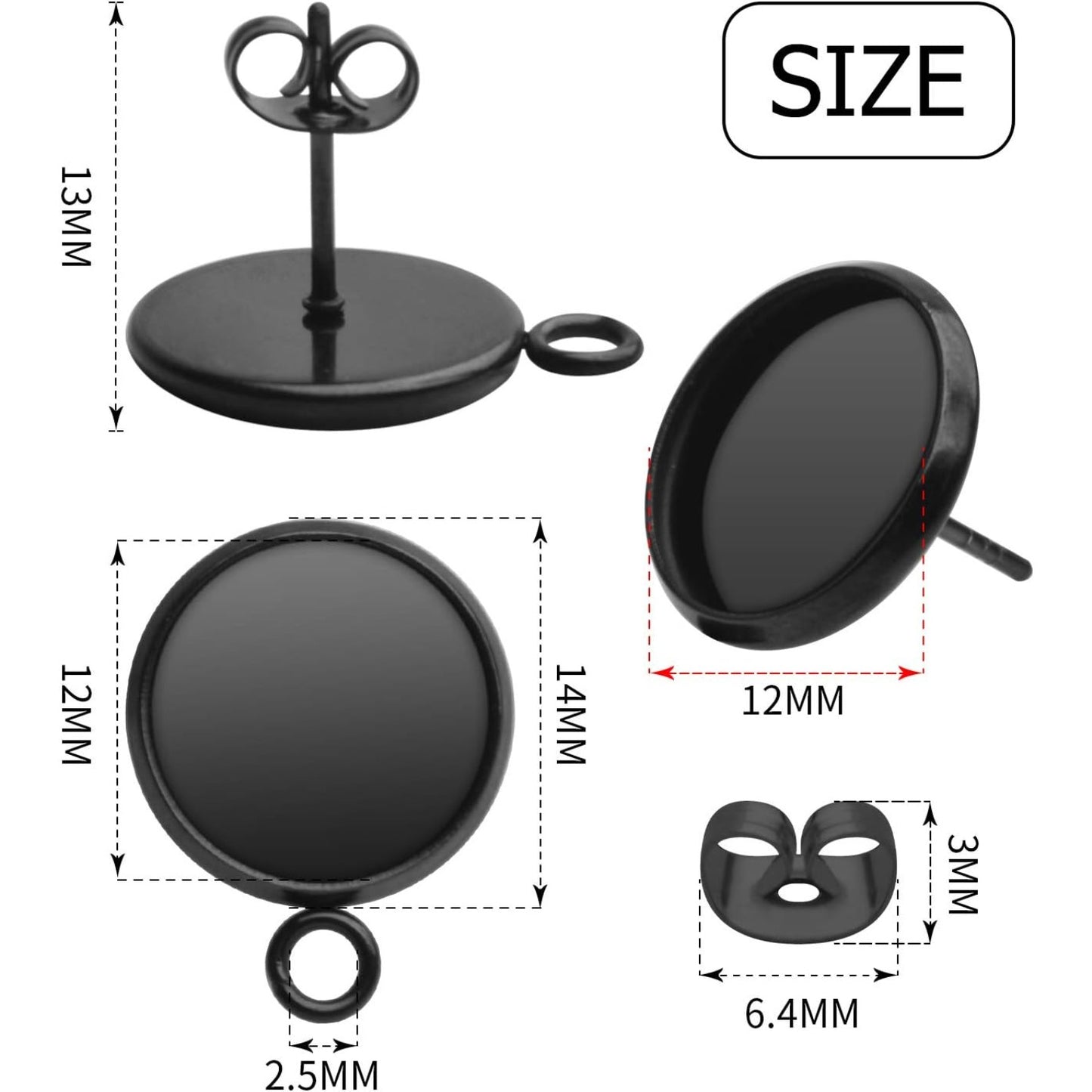 Earring Cabochons, 20Pcs Stainless Steel Round Earring Studs Flat with Loop Earrings Cabochon Setting Post Cup and 20Pcs Clear Earring Backs for Earring Making(fit for 12mm)