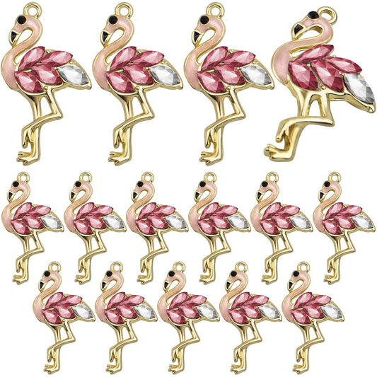 20pcs Golden Plated Flamingo Charms with Rhinestone Alloy Enamel Flamingo-Shape Pendants Pink Bird Animal Dangle Charms with a Box for DIY Bracelet Jewelry Making Supplies Decor