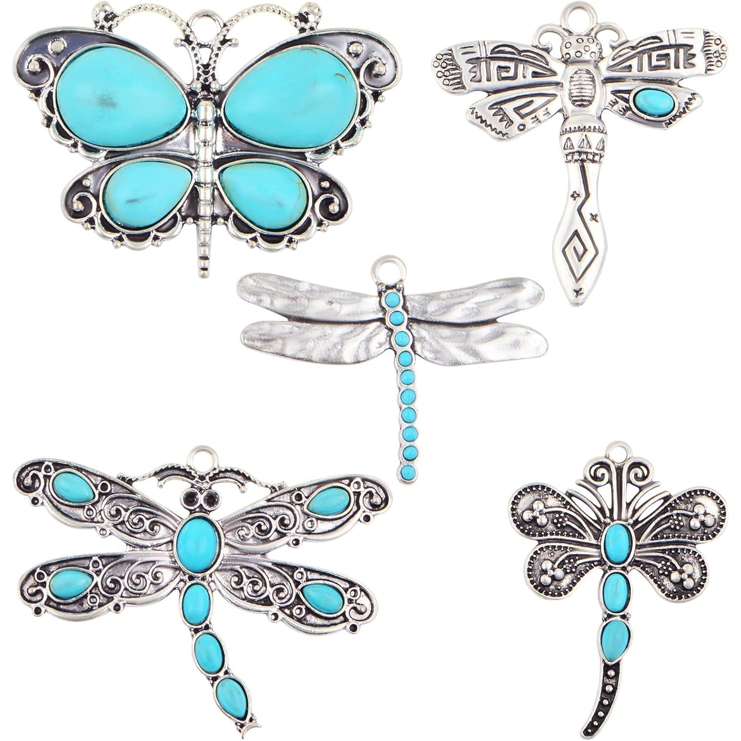 5pcs Turquoise Animal Dragonfly Butterfly Charms Vintage Alloy Mixed Flying Animal-shaped Dangle Pendants for DIY Necklaces Keychains Jewelry Making Crafting, 5 Styles