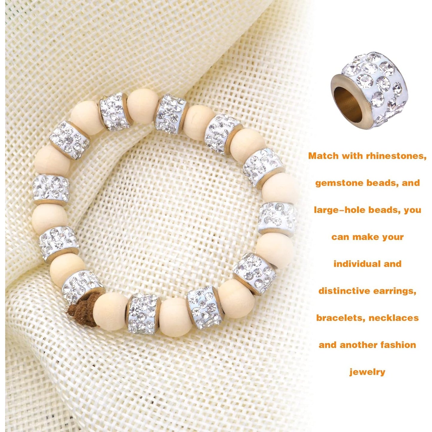 40pcs Crystal Rhinestone European Beads, Large Hole Rondelle Spacer Beads Loose Beads for DIY Charm Bracelet Snake Chain Crafts Jewelry Making Accessories, Hole: 5 mm