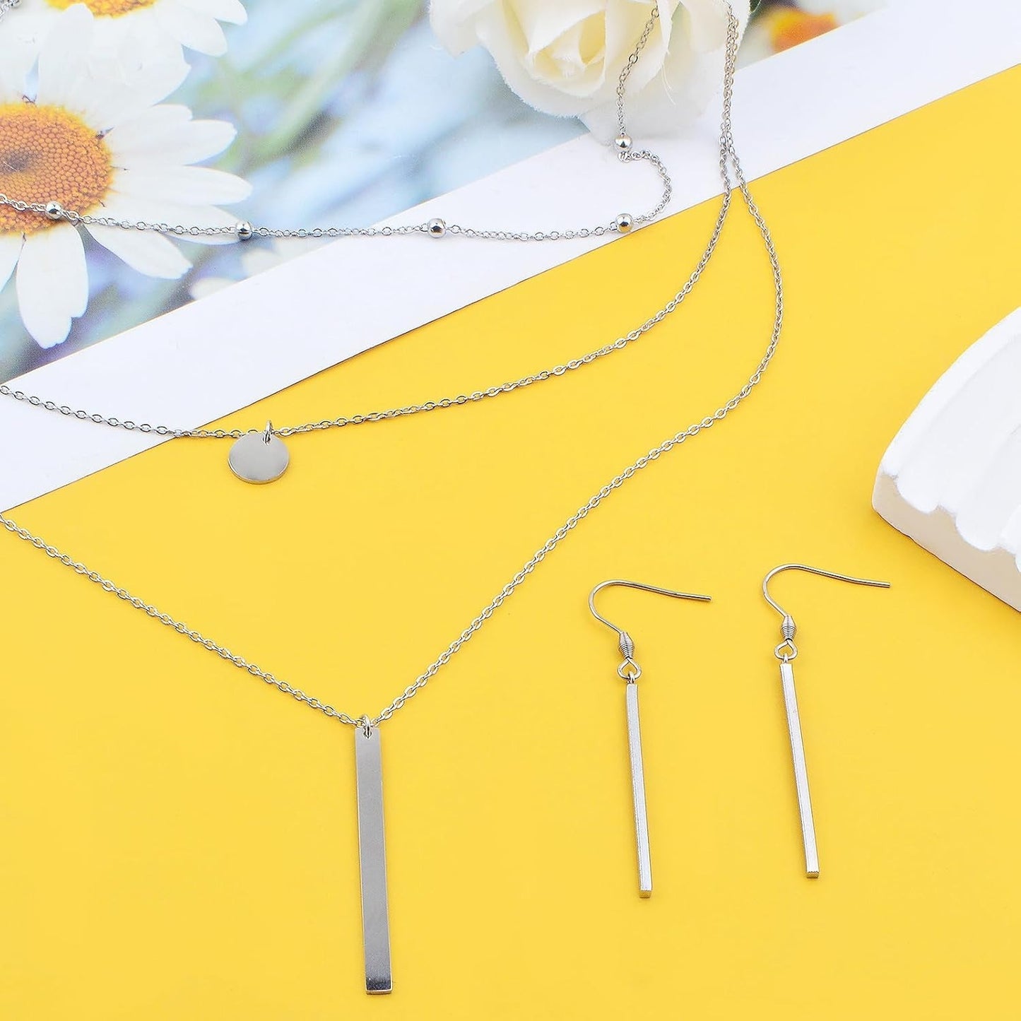 1 Set Stainless Steel Triple Layered Necklace Bead Chain Collars Long Necklace Chokers Coin Long Bar Pendant Necklaces Collars and 1 Pair Bar Pendant Earrings for Women Gift