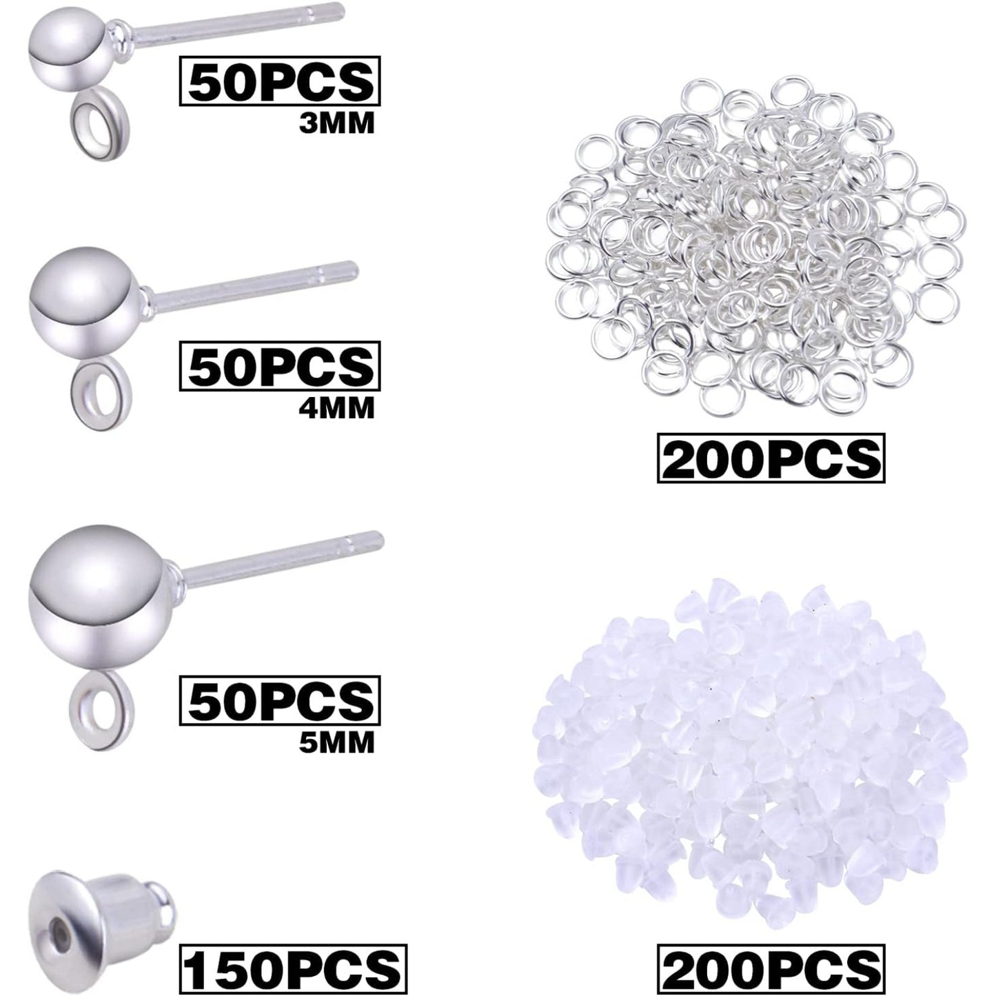 Earring Making Kit,150pcs Ball Post Earring Studs with 150pcs Metal Earring Backs,200pcs Clear Bullet Earring Backs and 200pcs Open Jump Rings,Round Ball Ear Pin with Loop for DIY Earrings Supplies