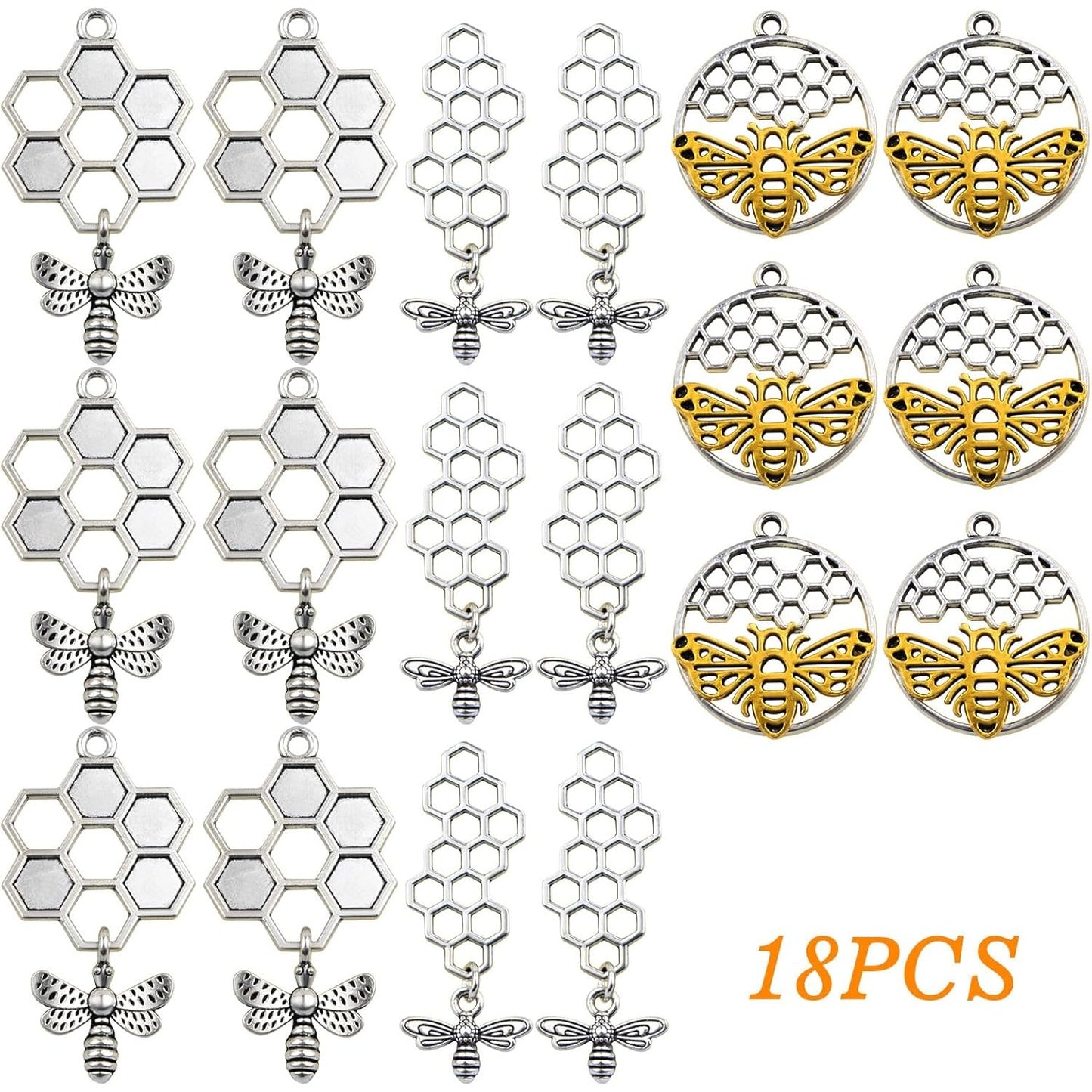 18pcs 3 Styles 3D Honey Comb Bee Charms Antique Silver Alloy Honeybee Honeycomb Pendants Hollow Flying Animal Dangle Charm Embellishments for DIY Bracelet Necklace Jewelry Making