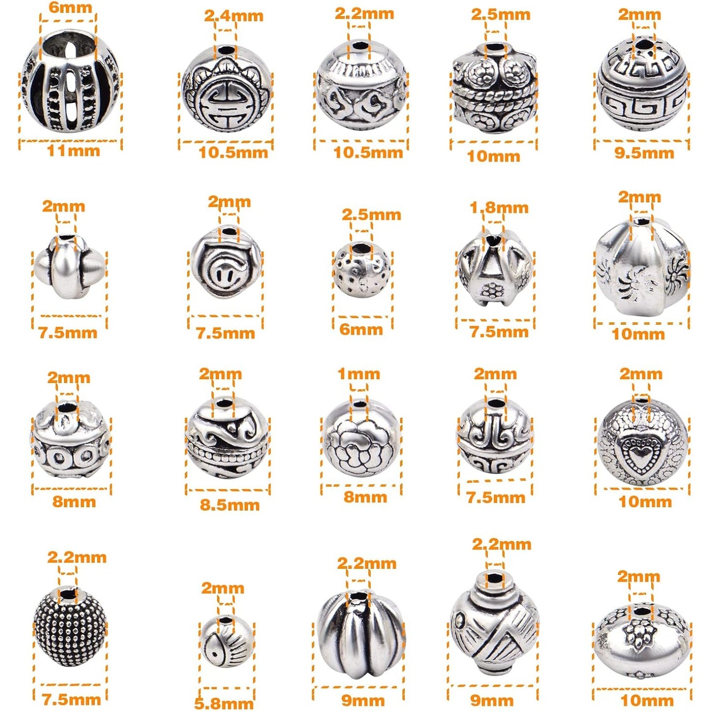 100 Gram Antique Silver Mixed Round Spacers Beads Tibetan Alloy Vintage Charm Beads Loose Spacer Beads for DIY Bracelet Necklace Jewelry Making