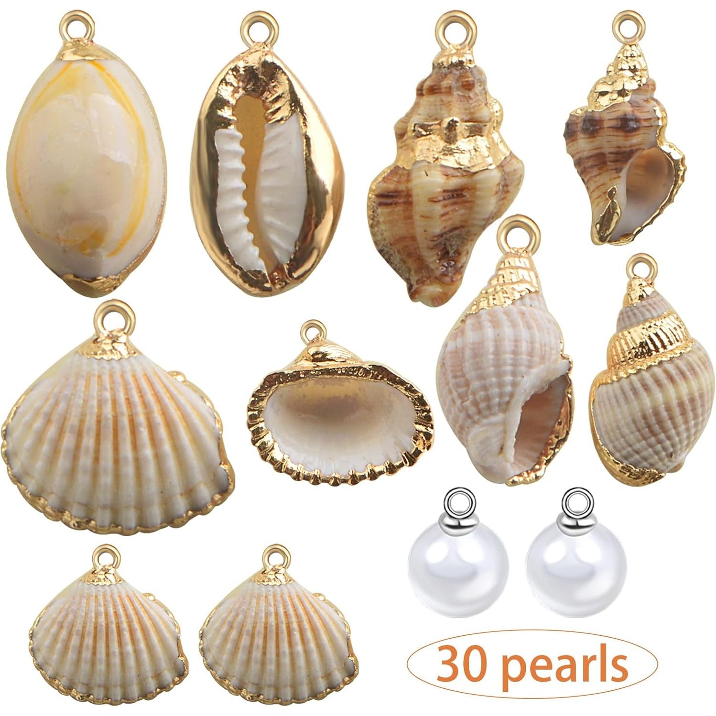 10pcs 5 Styles Natural Beach Shell Conch Seashell Charms Pendants and 30pcs 8 mm White Pearls Handmade Beads Set for Women DIY Crafts Jewelry Making Decoration Gift