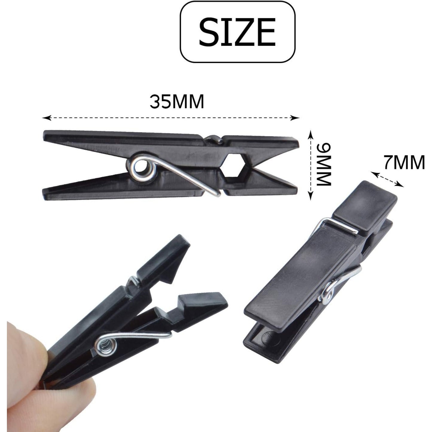 Plastic Mini Clips, 100pcs Mini Plastic Clips Black Photo Clips Small Clothes Pins Paper Pegs for Photos Pictures Paper Socks Office Home Arts DIY Crafts Decoration, 35x7x10mm