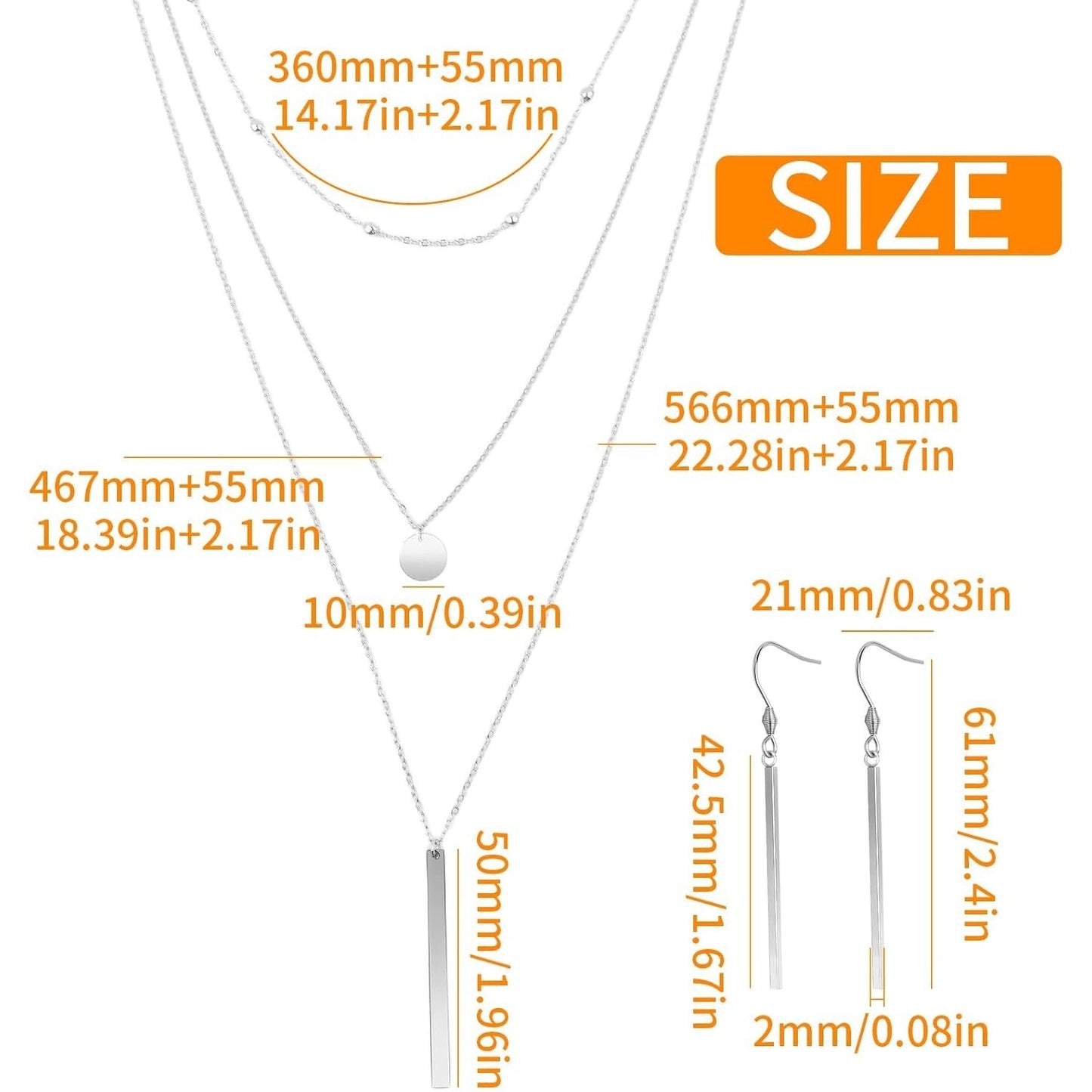 1 Set Stainless Steel Triple Layered Necklace Bead Chain Collars Long Necklace Chokers Coin Long Bar Pendant Necklaces Collars and 1 Pair Bar Pendant Earrings for Women Gift
