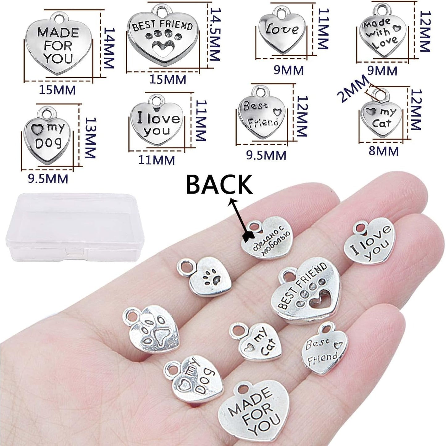 80pcs Mini Heart Shape Word Charms Alloy Engraved with Various Message Word Dangle Pendants with a Box for DIY Bracelet Necklace Jewelry Making Gift, Antique Silver