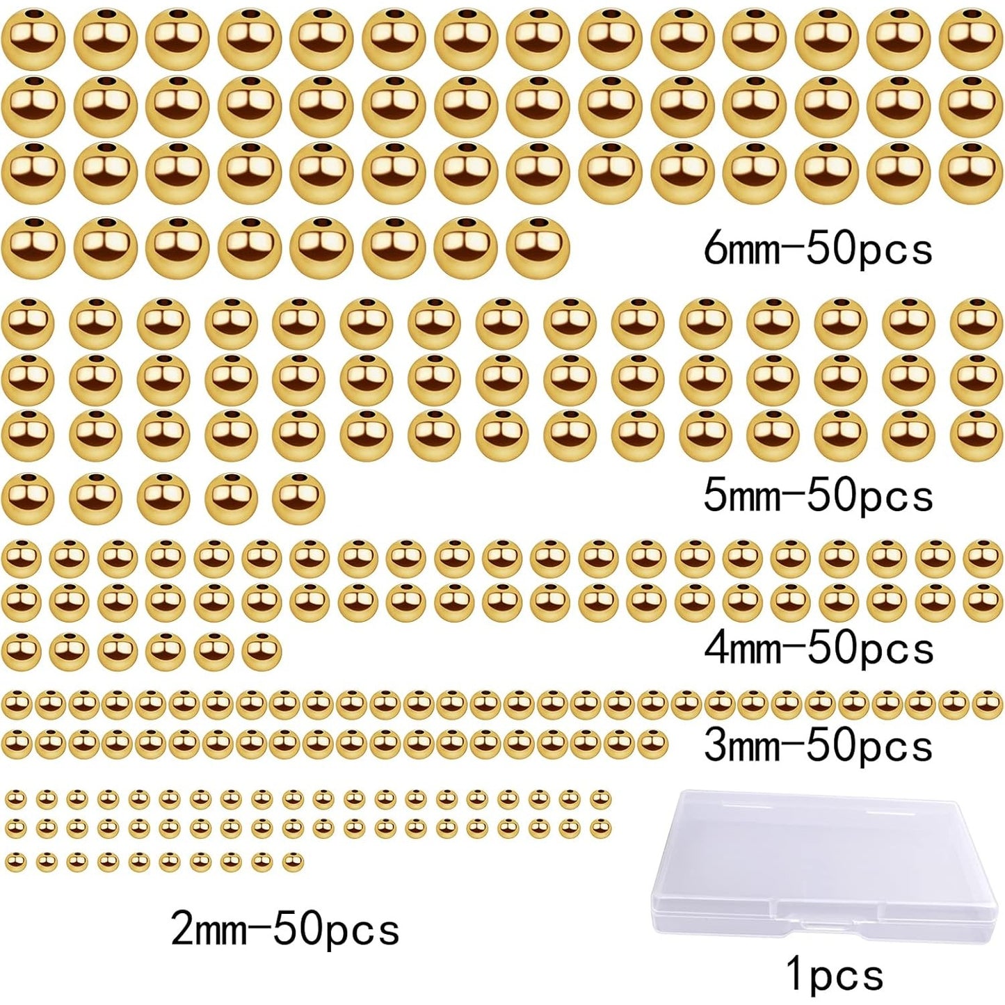 250pcs Golden Plated Smooth Round Ball Spacer Beads Brass Rondelle Loose Beads with A Plastic Box for DIY Bracelet Necklace Earrings Jewelry Making, 5 Sizes