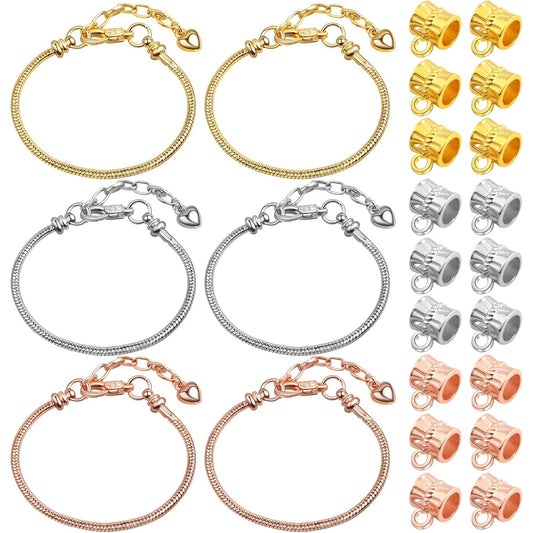6pcs Snake Bone Chains Metal Snake Chain Spool Short Layered Necklaces with 30pcs Large Hole Spacer Beads Bails Bead Connectors for DIY Bracelet Jewelry Making, 3 Colors
