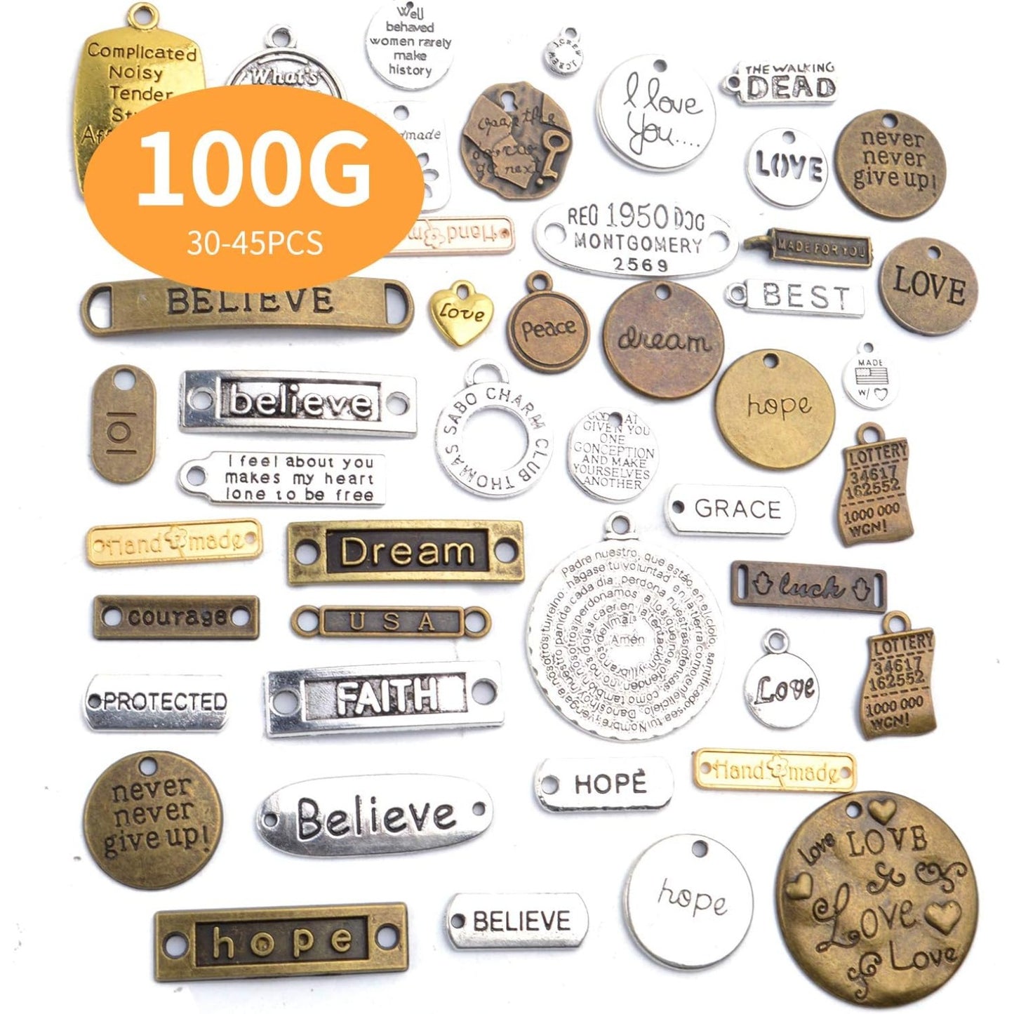 100g (About 30-45 Pieces) Mixed Inspiration Words Alloy Charms Antique Silver Pendant for Jewelry Making Crafting Necklace Bracelet DIY