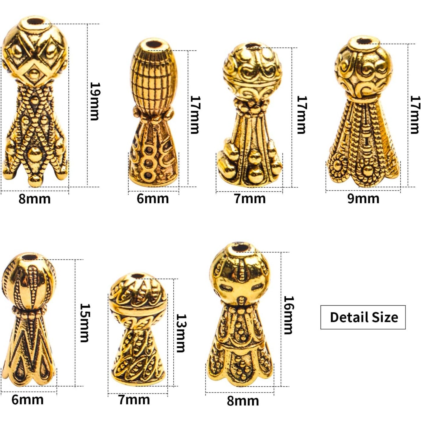 Jewelry Bead Caps,100 Gram Antique Golden Bead Caps Tibetan Style Bead Cones Caps Flower Bead End Caps Alloy Bead Terminators with Ball End for Jewelry Bracelet Necklace DIY Craft Making,7 Styles