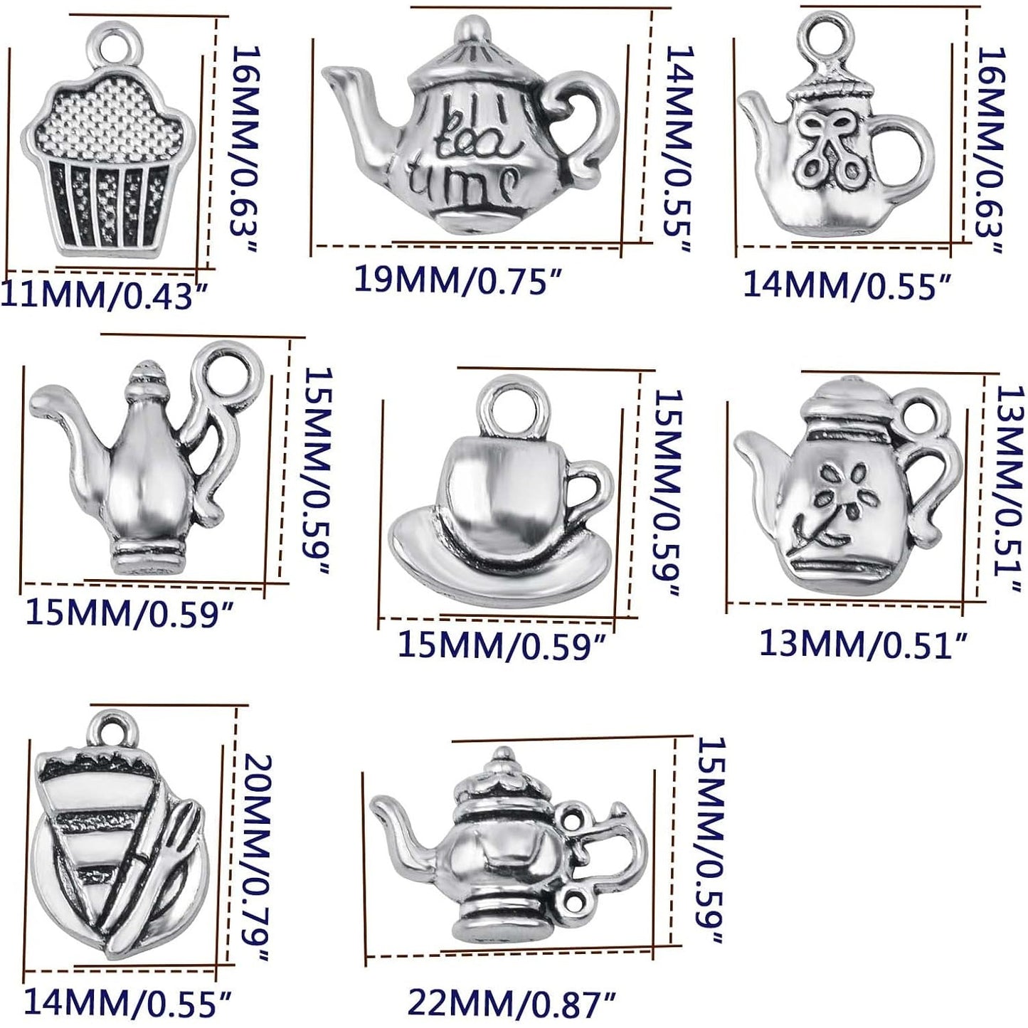 40pcs Antique Silver Tea Cup Charms Tibetan Vintage Mixed Teapot Coffee Cup Mug Pendant Charms Craft Supplies for DIY Necklace Bracelet Earring Jewelry Making, 8 Styles