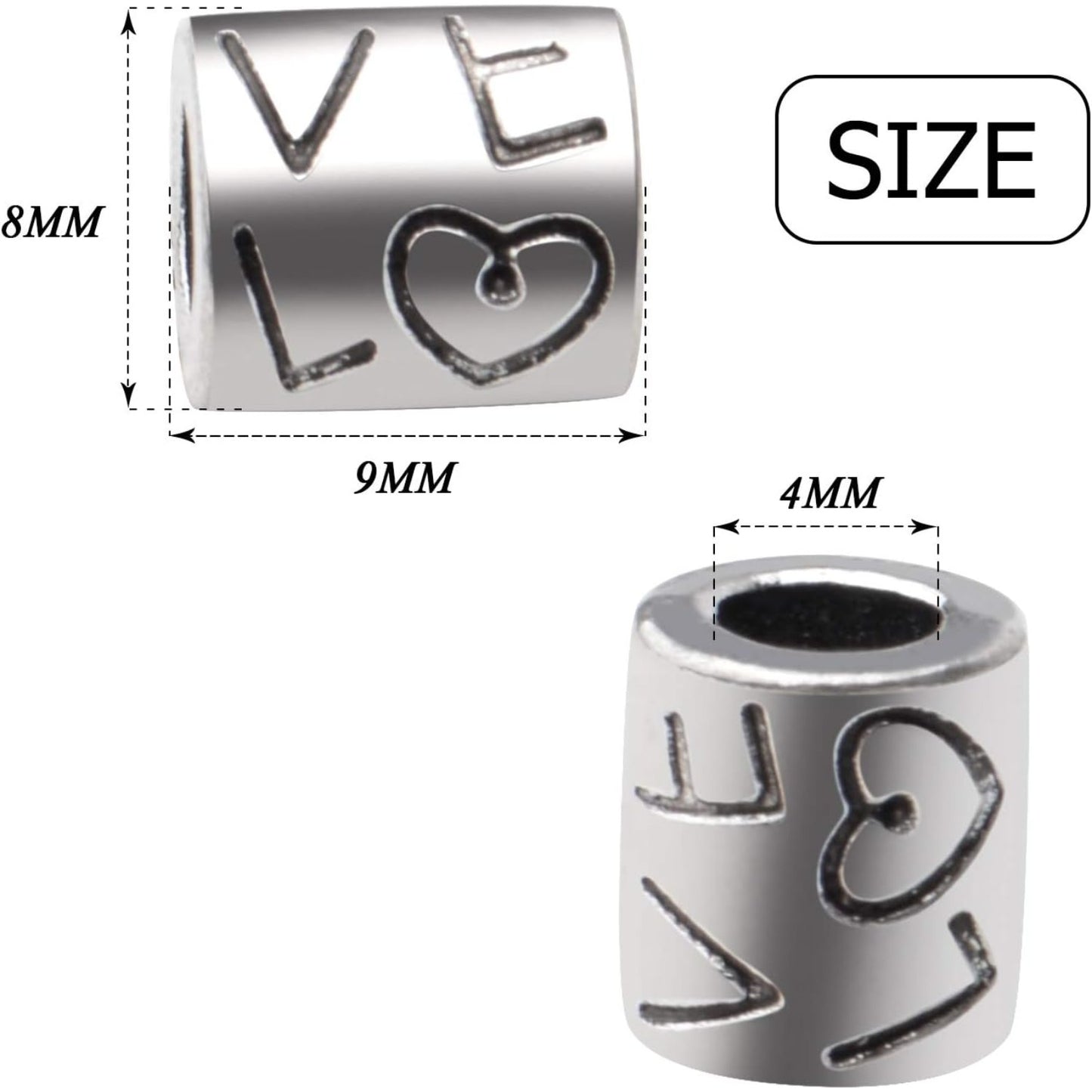 50pcs Tibetan Antique Silver Large Hole Spacer Beads 'Love' Word Column Beads Tube Spacers for Bracelet Necklace Jewelry Crafts Making Supplies