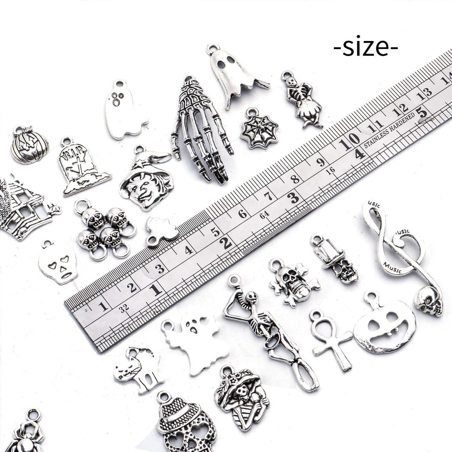 50 Pieces Halloween Theme Charms Assorted Tibetan Silver Pendants Skull Skeleton Pumpkin Bat Witch Charms for Jewelry Making Key Rings Crafts
