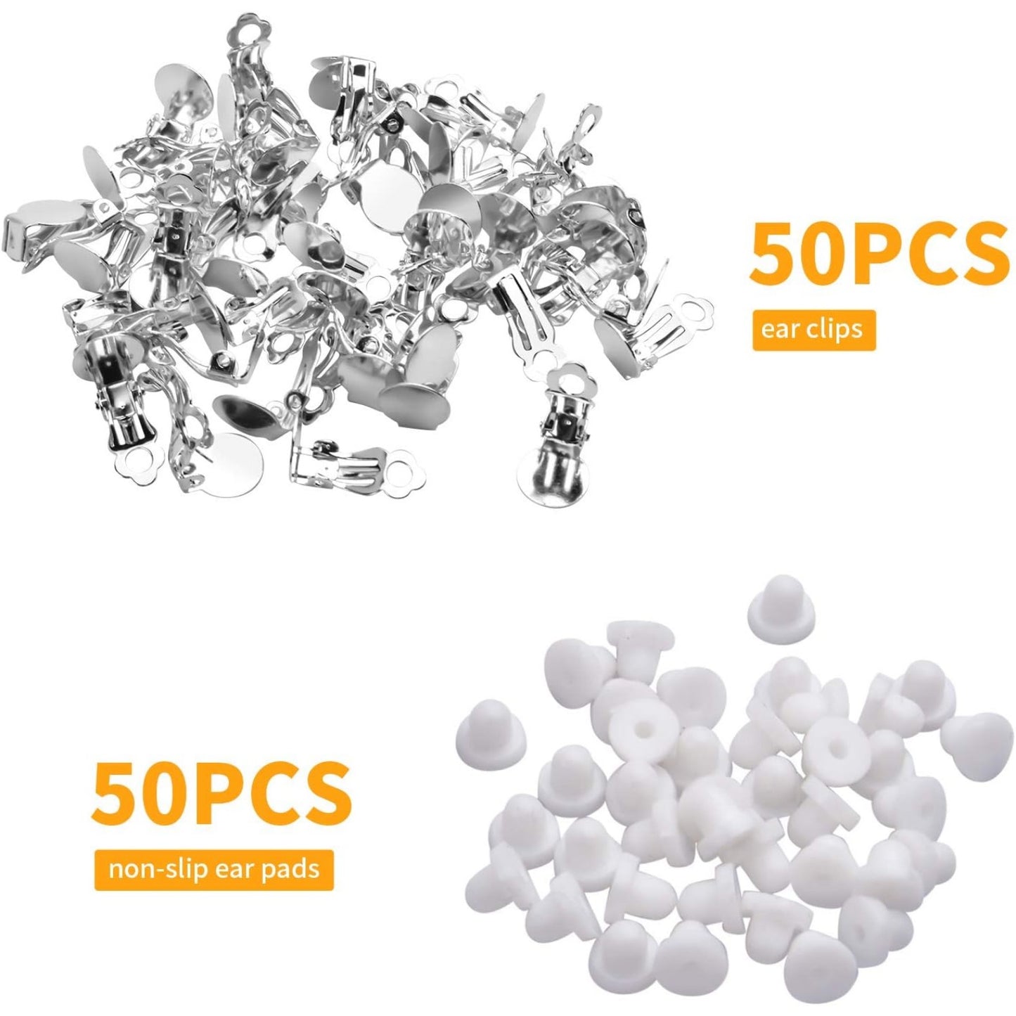 50pcs Round Flat Back Tray Earring Clips Non Pierced Earring Components and 50pcs Soft Cushion for DIY Earrings Jewelry Making,Silver