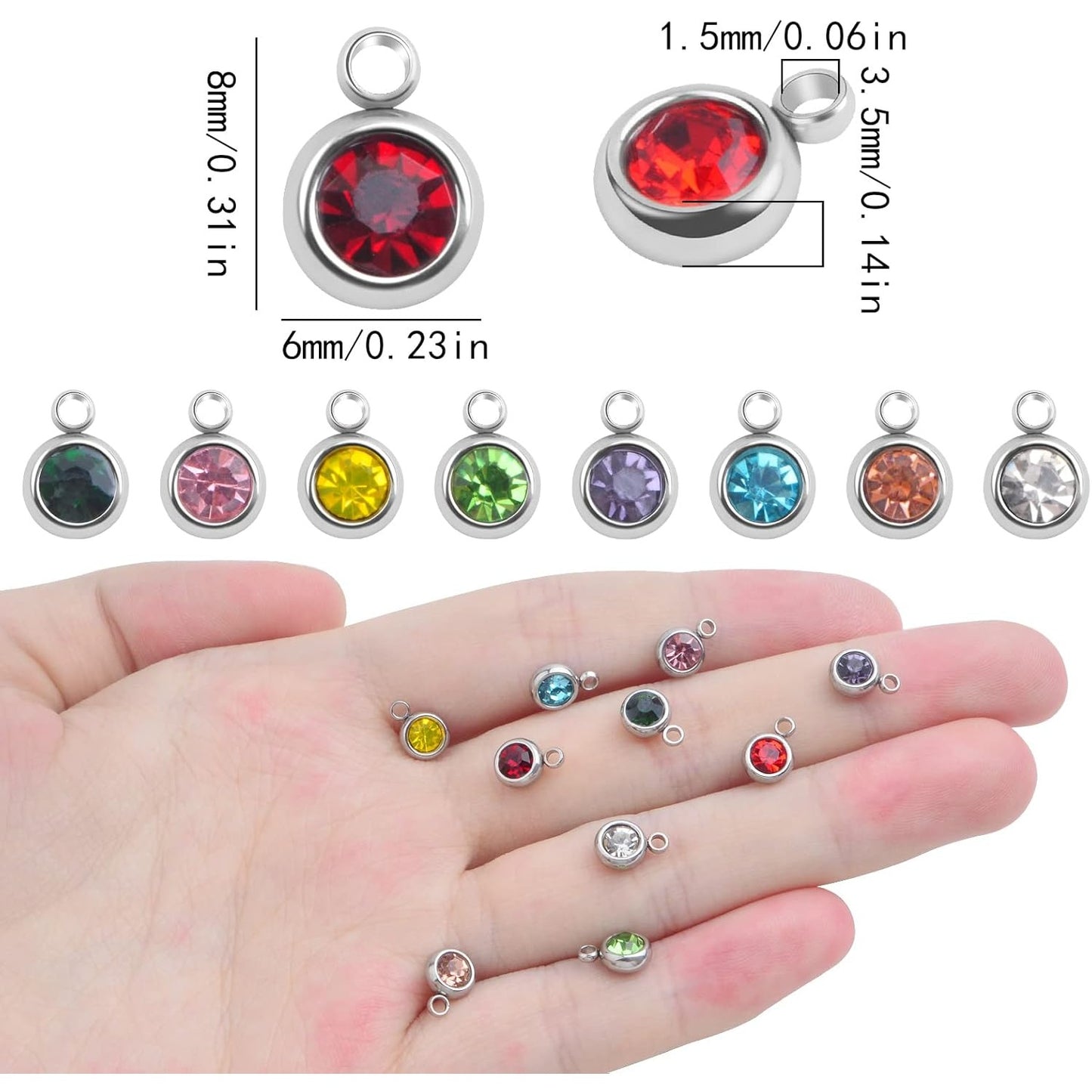 30pcs 6 mm Stainless Steel Crystal Birthstone Charms Mini Round Rhinestone Birthstone Bead Handmade Pendant with Rings for Necklace Earrings Jewelry Making Supplies, 10 Colors