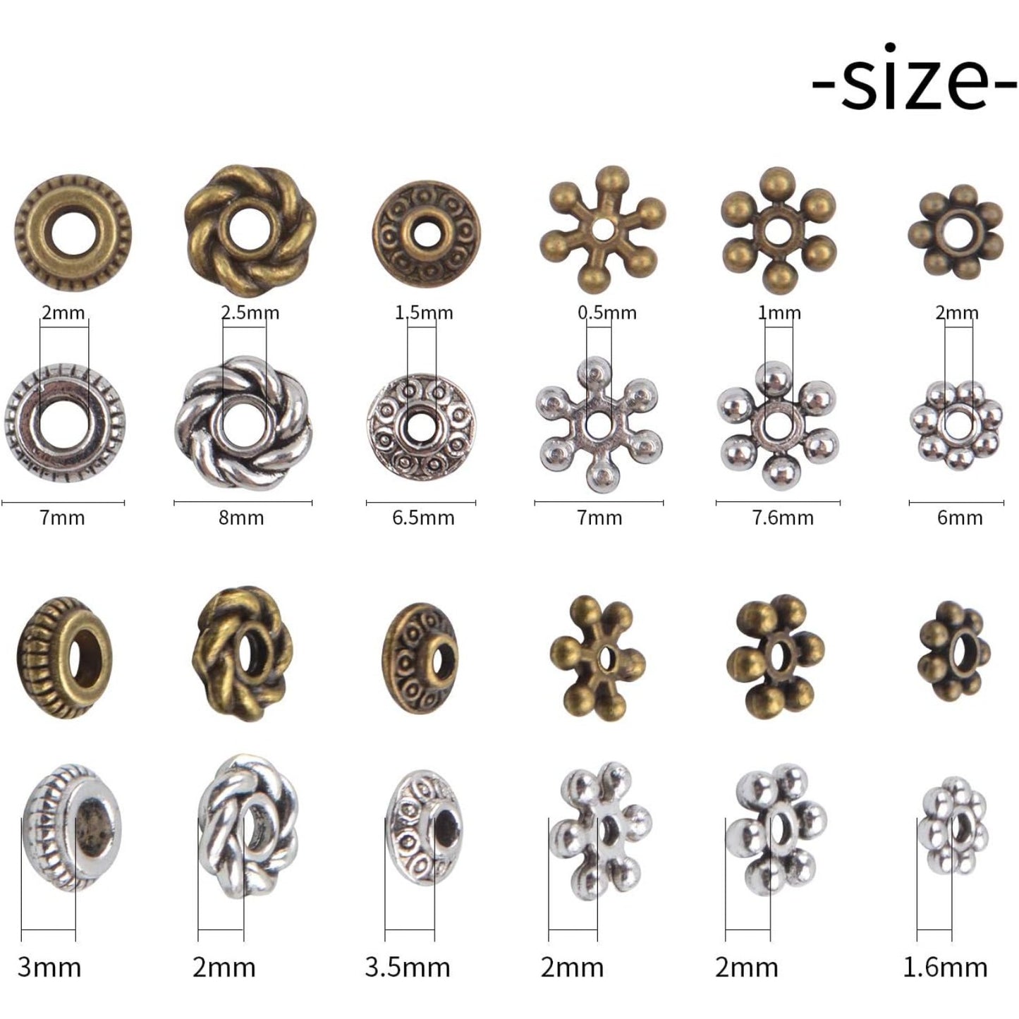 Tibetan Spacer Beads, 300 Pieces Alloy Beads Jewelry Findings for Bracelet Necklace Jewelry Making, 6 Styles, Antique Silver and Bronze