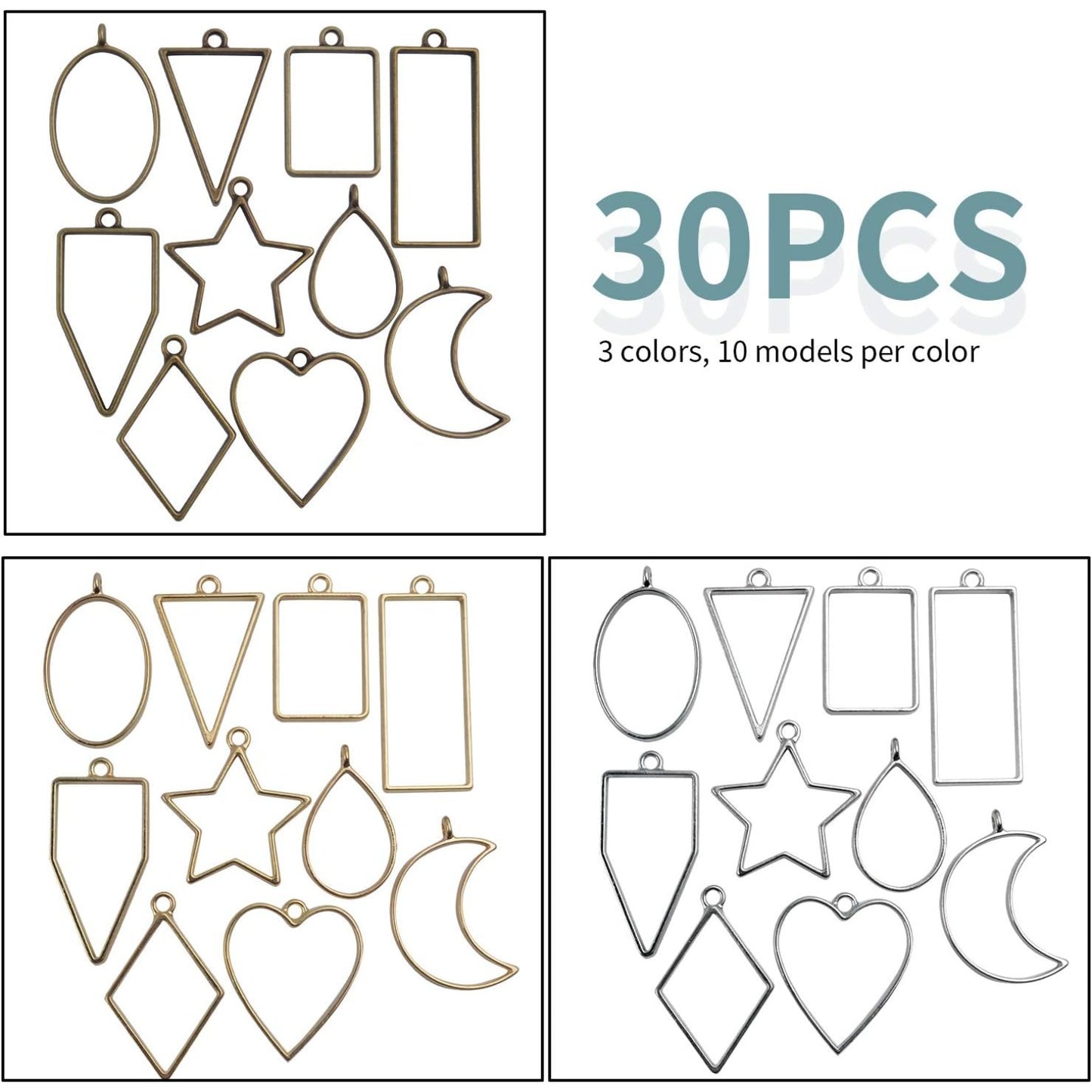 Open Back Bezel Pendants, 30 Pieces Mixed Geometric Hollow Pendants Bezel Charms for Resin Earrings Necklace Bracelet, 3 Colors