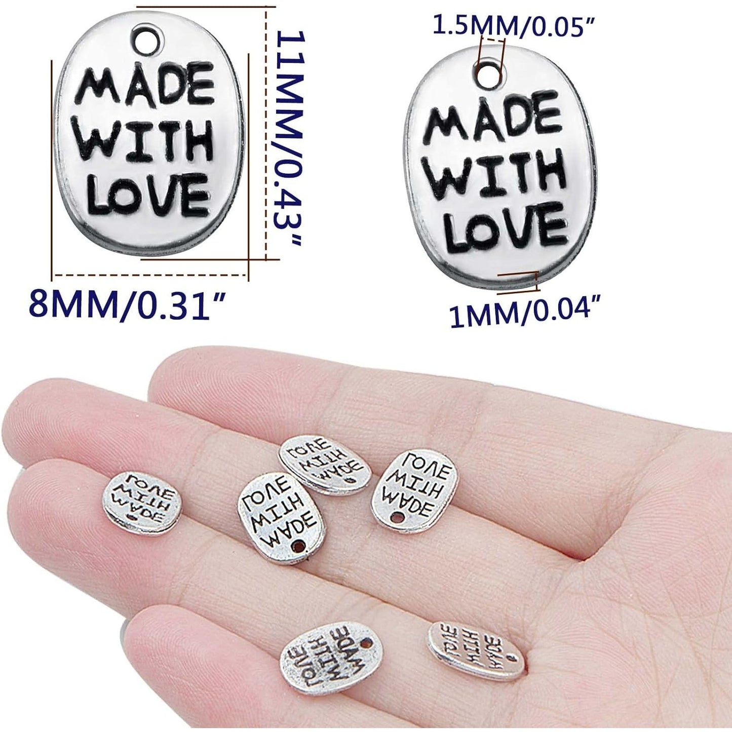 200pcs Antique Silver Oval Word Pendant Charms Tibetan Style Alloy Message Made with Love Valentine's Day Theme Charms for DIY Bracelet Necklace Jewelry Making Supplies