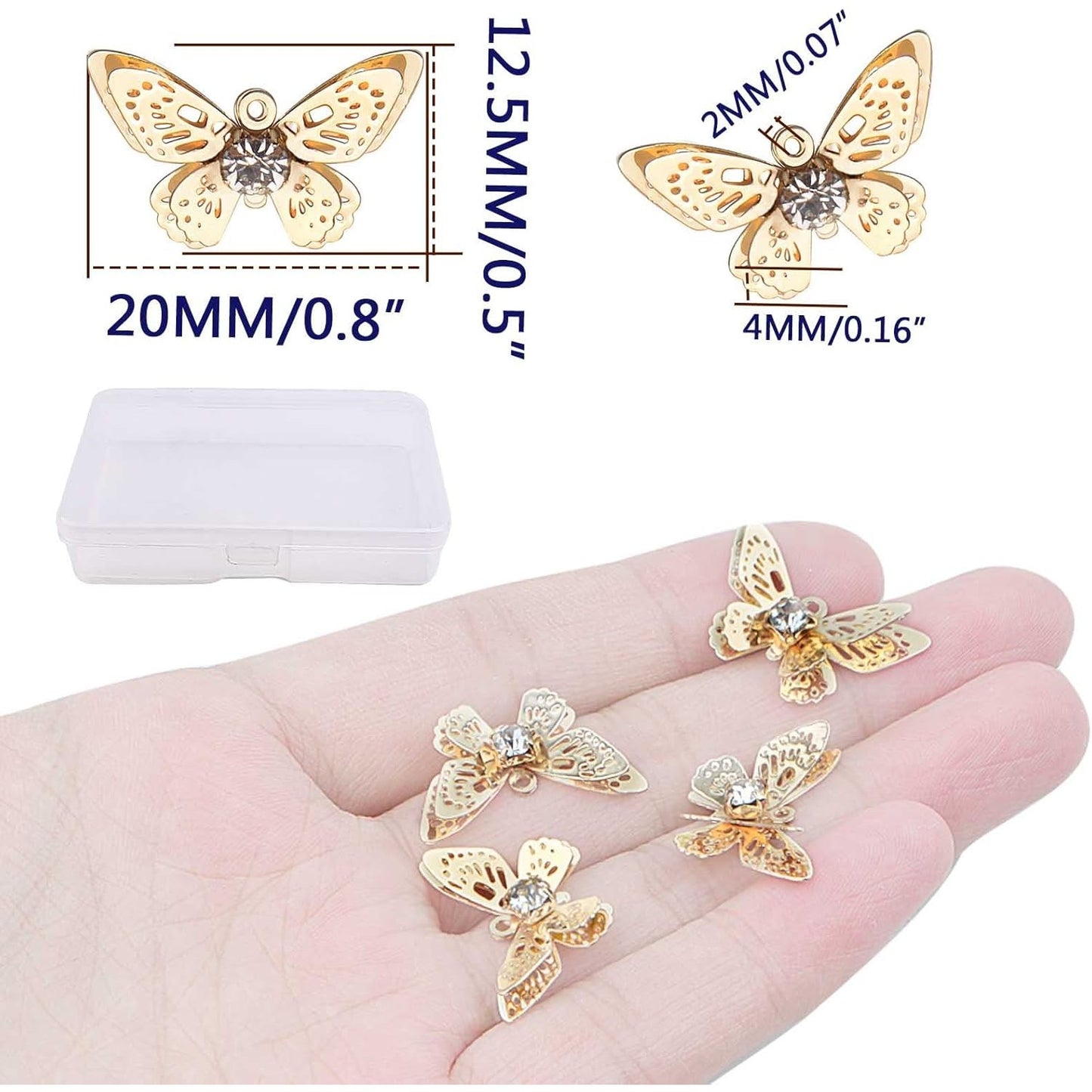 12pcs Golden Hollow Butterfly Insect Charms with Rhinestone Alloy Diamond Butterfly Animal Pendants with a Plastic Box DIY Necklace Earrings Jewelry Making Decor