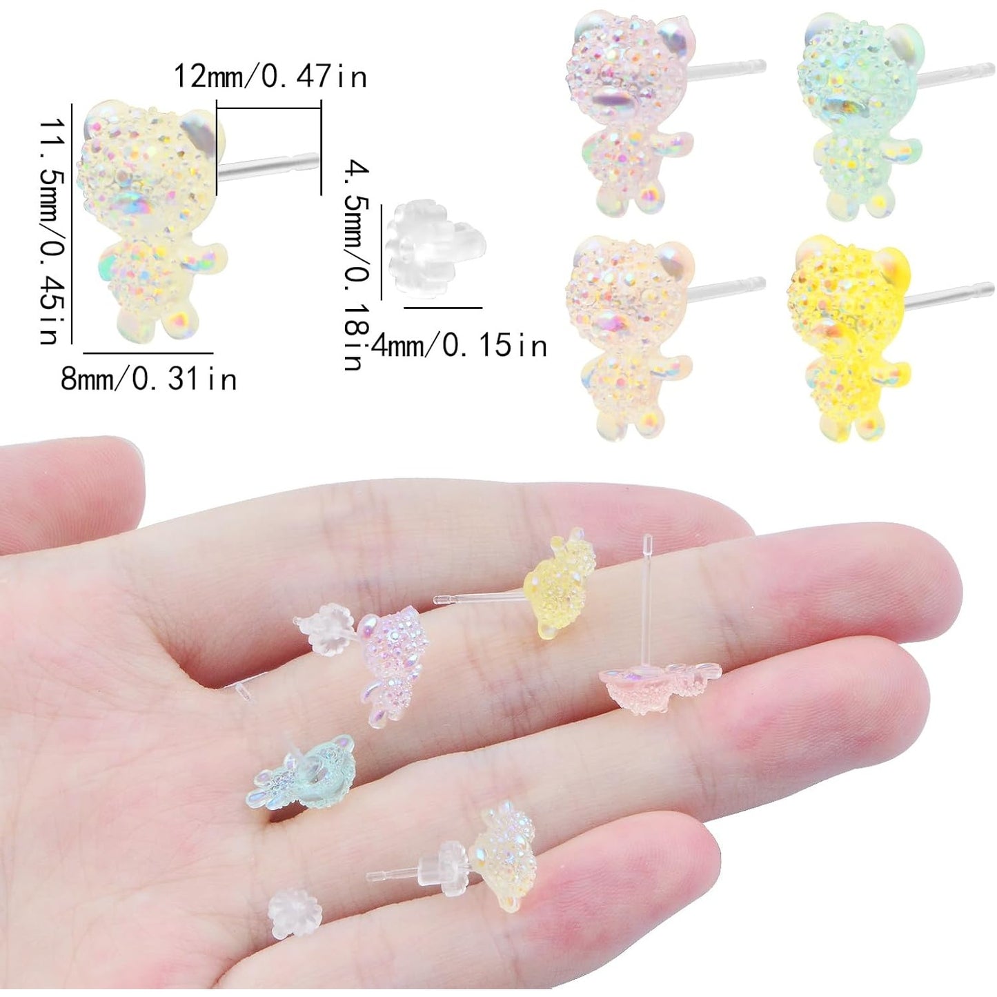 5 Pairs Gummy Bear Stud Earrings Kits Colorful Cartoon Resin Bear Earring Post Studs with Clear Earring Safety Backs for DIY Jewelry Making Findings Gifts