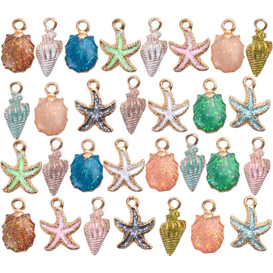 30pcs Assorted Charm Pendants Lovely Gold Plated Enamel Marine Life Shell Starfish Conch Mixed for Jewelry Making