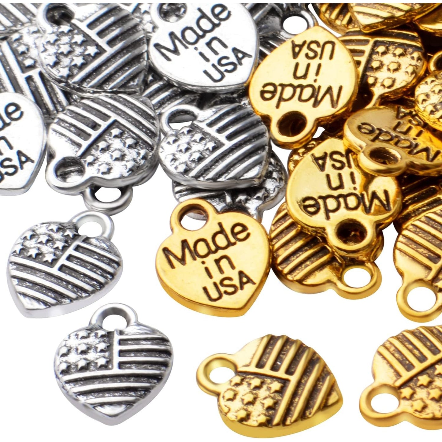 100pcs Heart Shaped Charms Alloy American Flag Charm Pendant Heart Flag Charms Pendants for Necklace Bracelet Jewelry Making DIY Crafting,Antique Gold and Antique Silver
