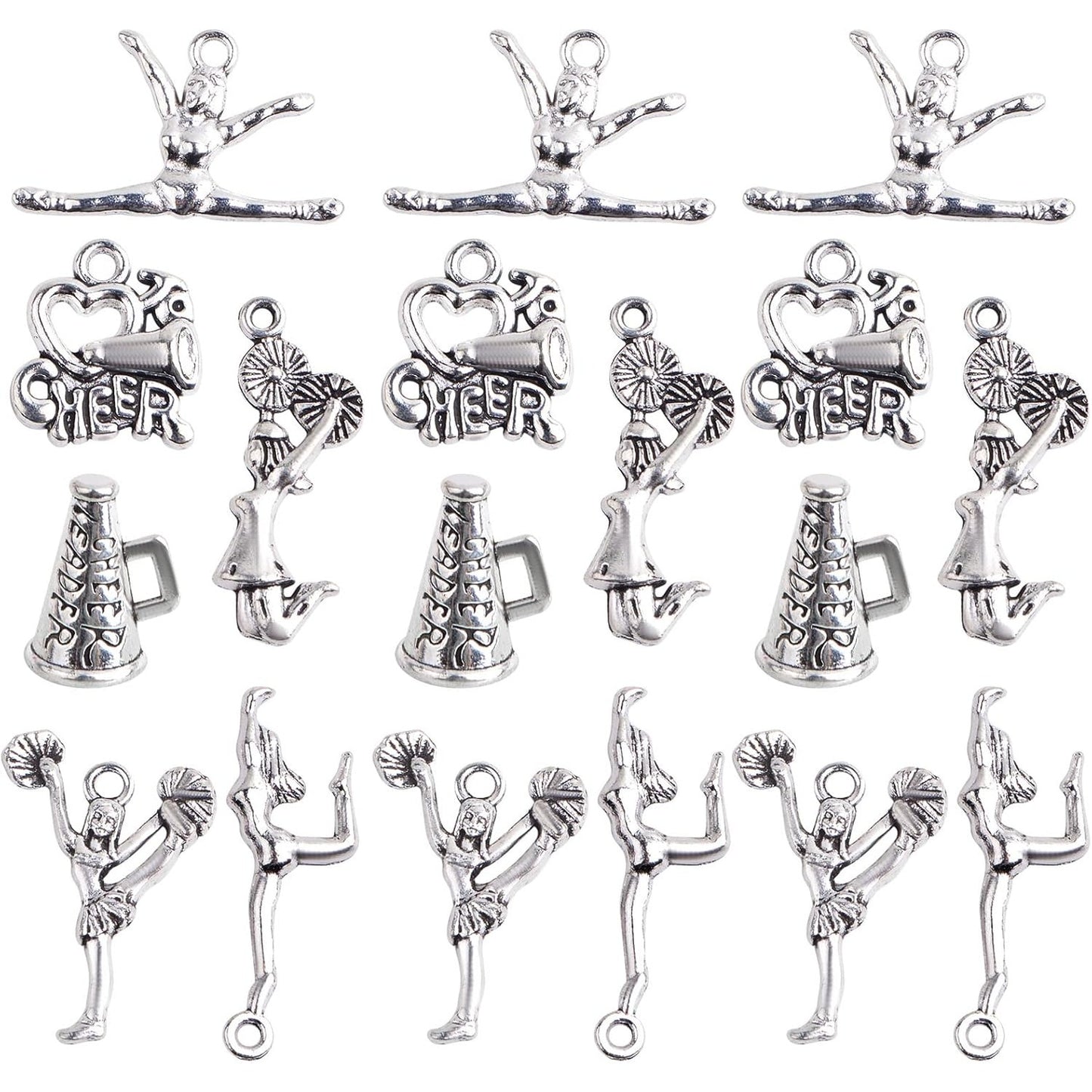 60pcs 6 Styles Antique Silver Cheerleading Theme Charms Tibetan Alloy Gymnastics School Sports Dangle Pendants for DIY Necklace Bracelet Jewelry Making Findings
