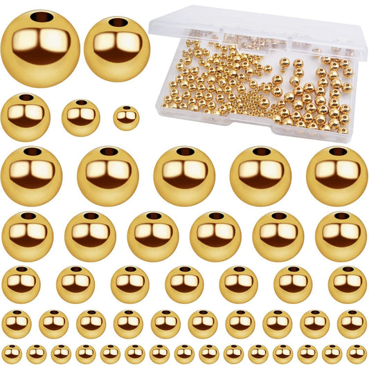 250pcs Golden Plated Smooth Round Ball Spacer Beads Brass Rondelle Loose Beads with A Plastic Box for DIY Bracelet Necklace Earrings Jewelry Making, 5 Sizes