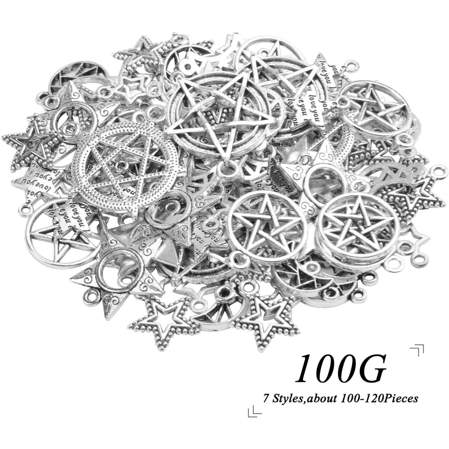 100g (80-150pcs) Mixed Moon Star Charms Antique Alloy Celestial Charms Pendants for Bracelets Necklaces Crafts