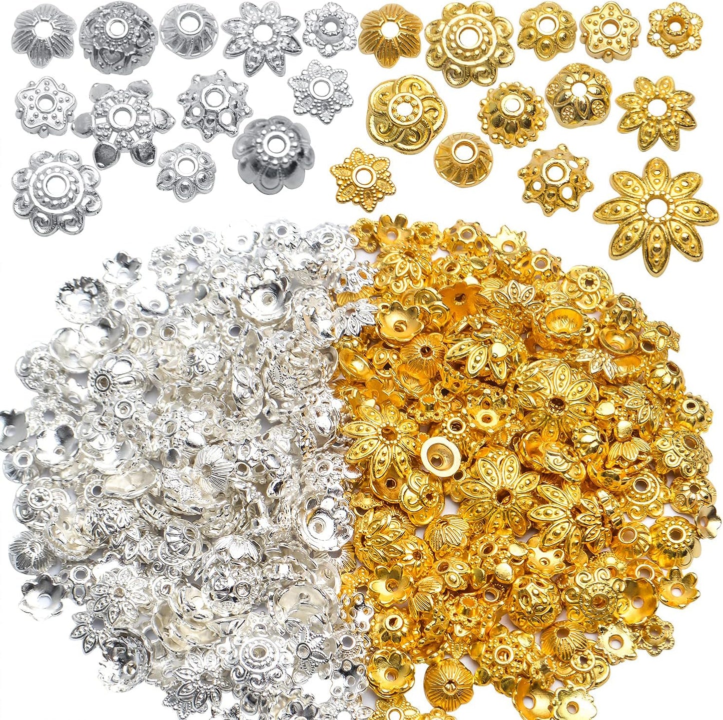 100g (200-350pcs) Mixed Metal Flower Bead Caps Spacer Beads Bali Style Jewelry Findings for DIY Crafting Jewelry Making, Antique Gold and Antique Silver
