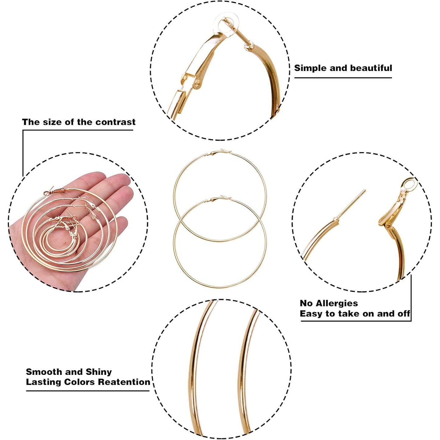 12 Pairs Hoop Earrings Set Big Circle Earrings Round Hoop Earrings Findings Fashion Jewelry for Women Girls, Gold, Dia 2-7.5cm